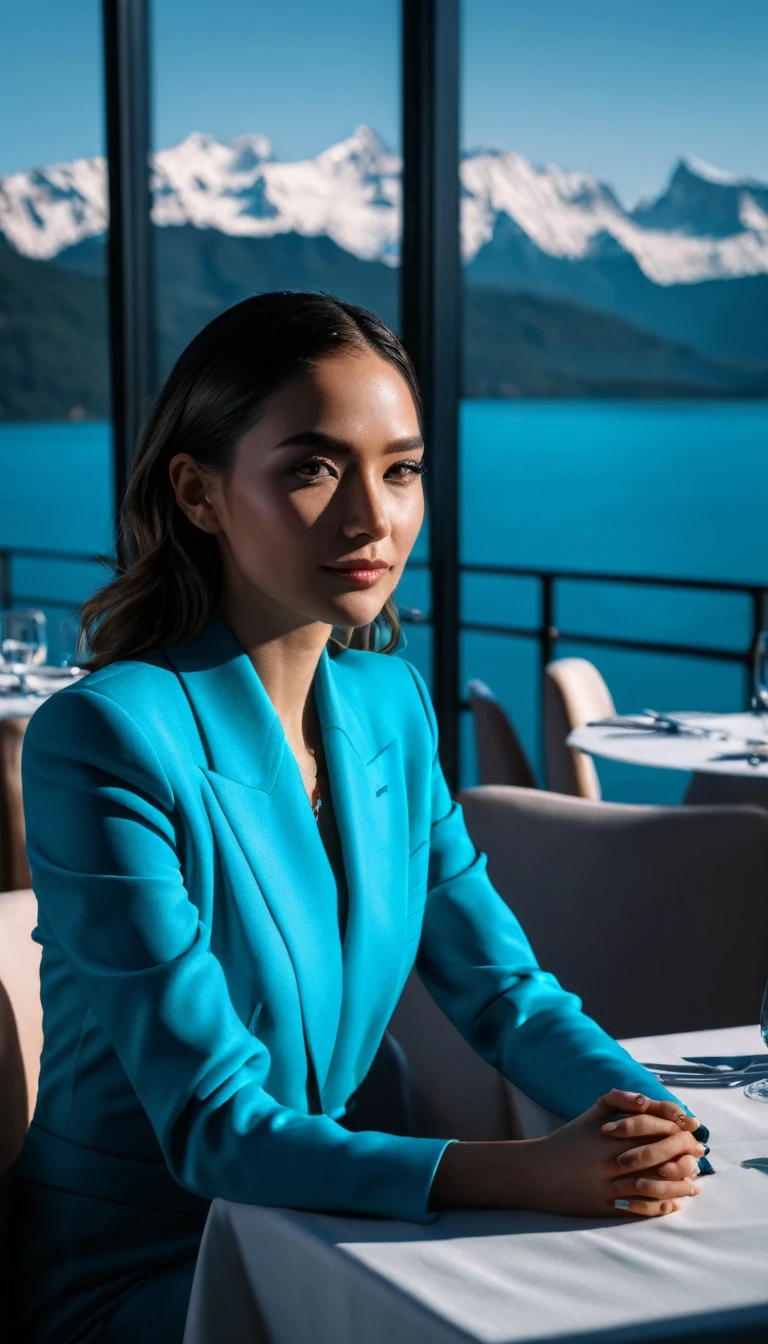 Photo taken with Canon EOS R5 85mm f/11 Camera, ((sharp)) mode of people and surrounding scenery. Image quality ((8K)), ((lifelike)), ((masterpiece)), ((sharp and highest contrast)), ((great depth of field)), ((light stereolithography)).
Close-up of a woman sitting in a luxurious restaurant, overlooking a cool blue lake, high-rise buildings, bright and modern lights.