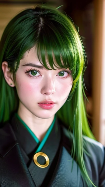 i want the whole image to be created in 3D anime style, solo, long hair, looking at viewer, bangs, black hair, 1boy, hair between eyes, closed mouth, green eyes, male focus, multicolored hair, japanese clothes, lips, eyelashes, portrait, close-up, haori, demon slayer uniform