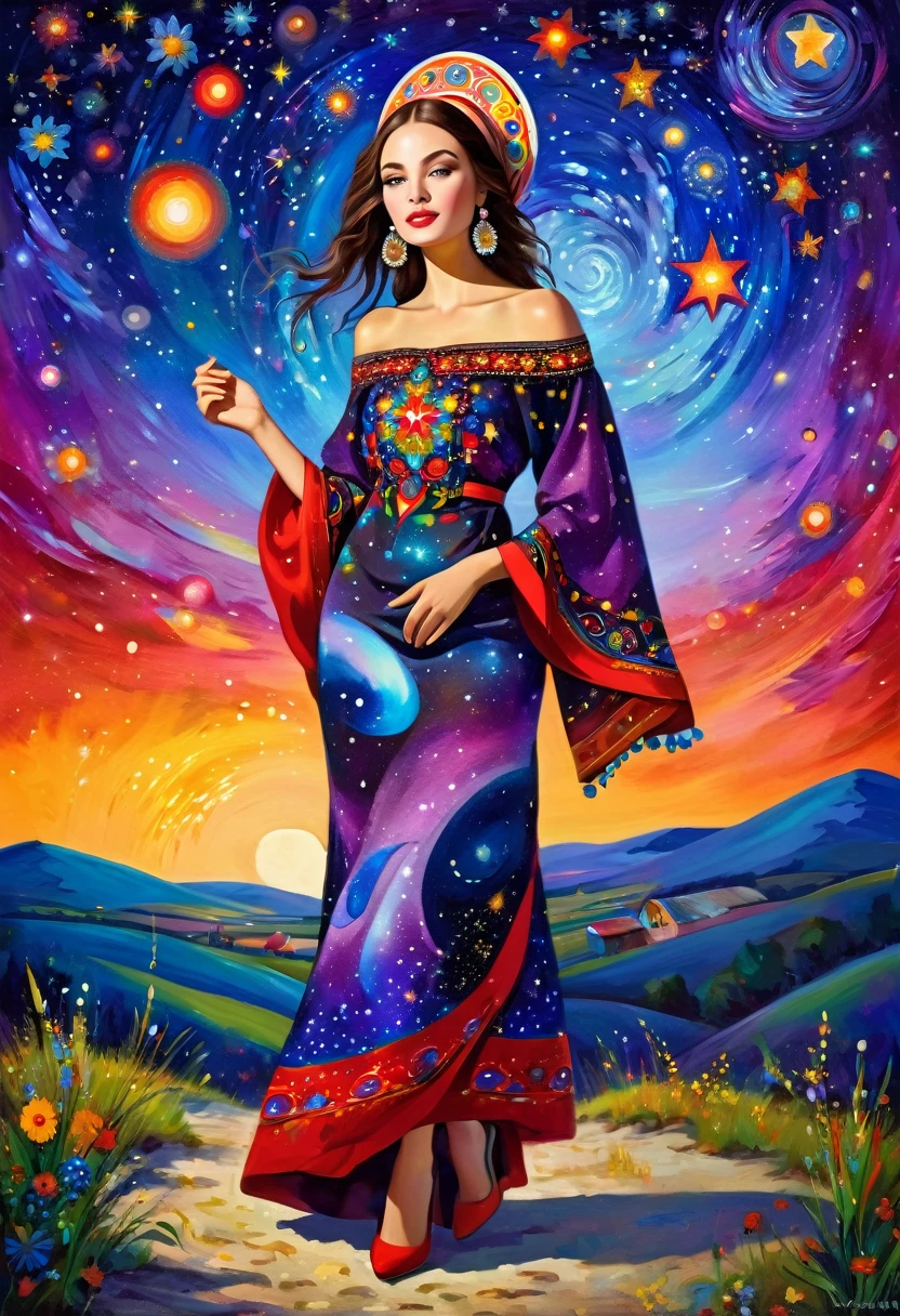 attractive young fashion model, defile, Russian khohloma, summer starry sky, Russian paraphernalia, from the shoulder, Very colorful, estetic,
Best Improvisation, ((Mordecai-Ardon style!)), ((perfect full body detail)), magic naive art, primitivism, protogen, crimson/liliac
, ((best quality, Masterpiece)), ((Highest detail)), RAW:1,1, 8k