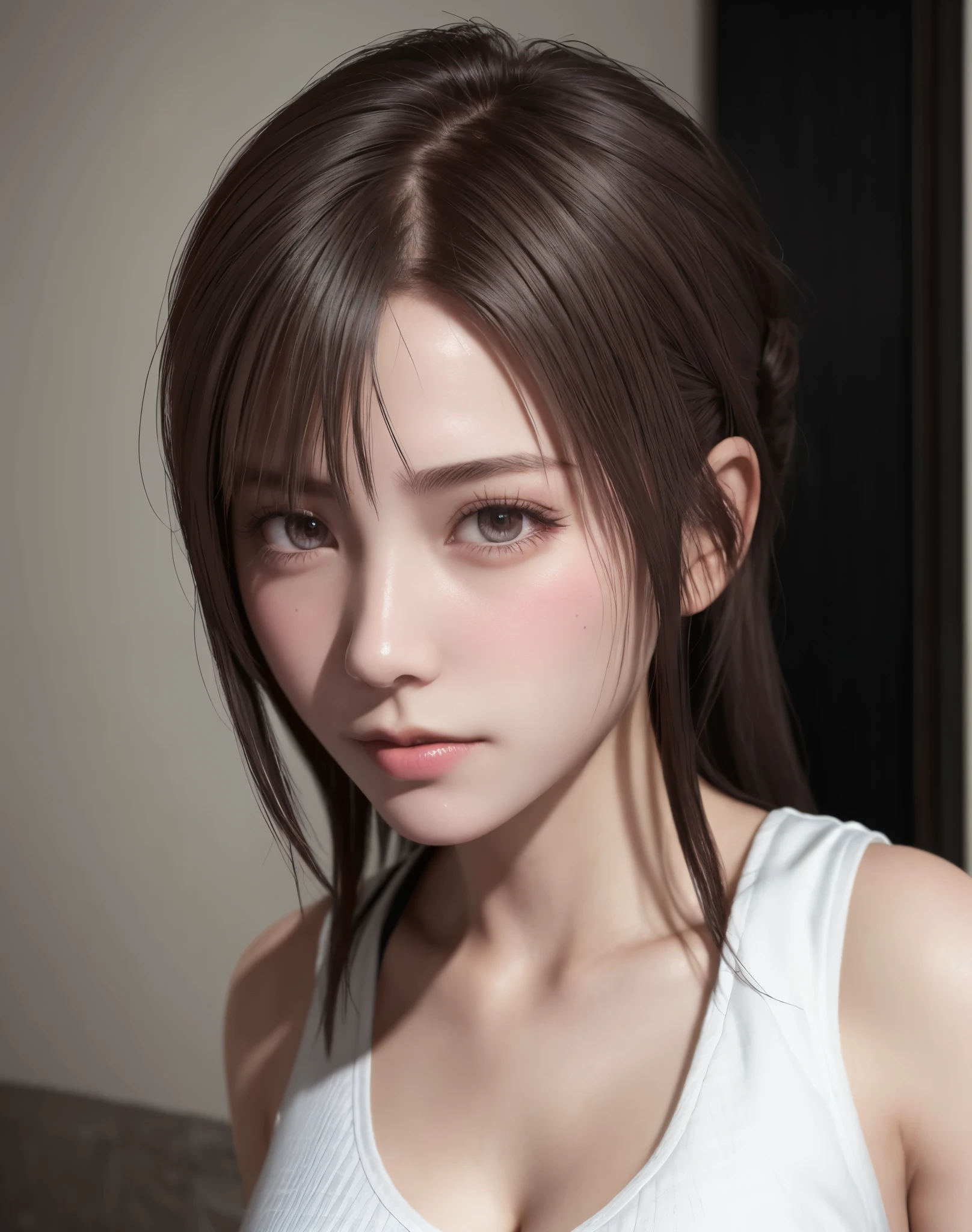 high quality picture, masutepiece, detailed hair texture, Detailed skin texture, Detailed Cloth Texture, 8K, Add fabric details, ultra detailed skin texture, ultra detailed photographic, Skin pores, Portrait of a girl, wearing tank top,