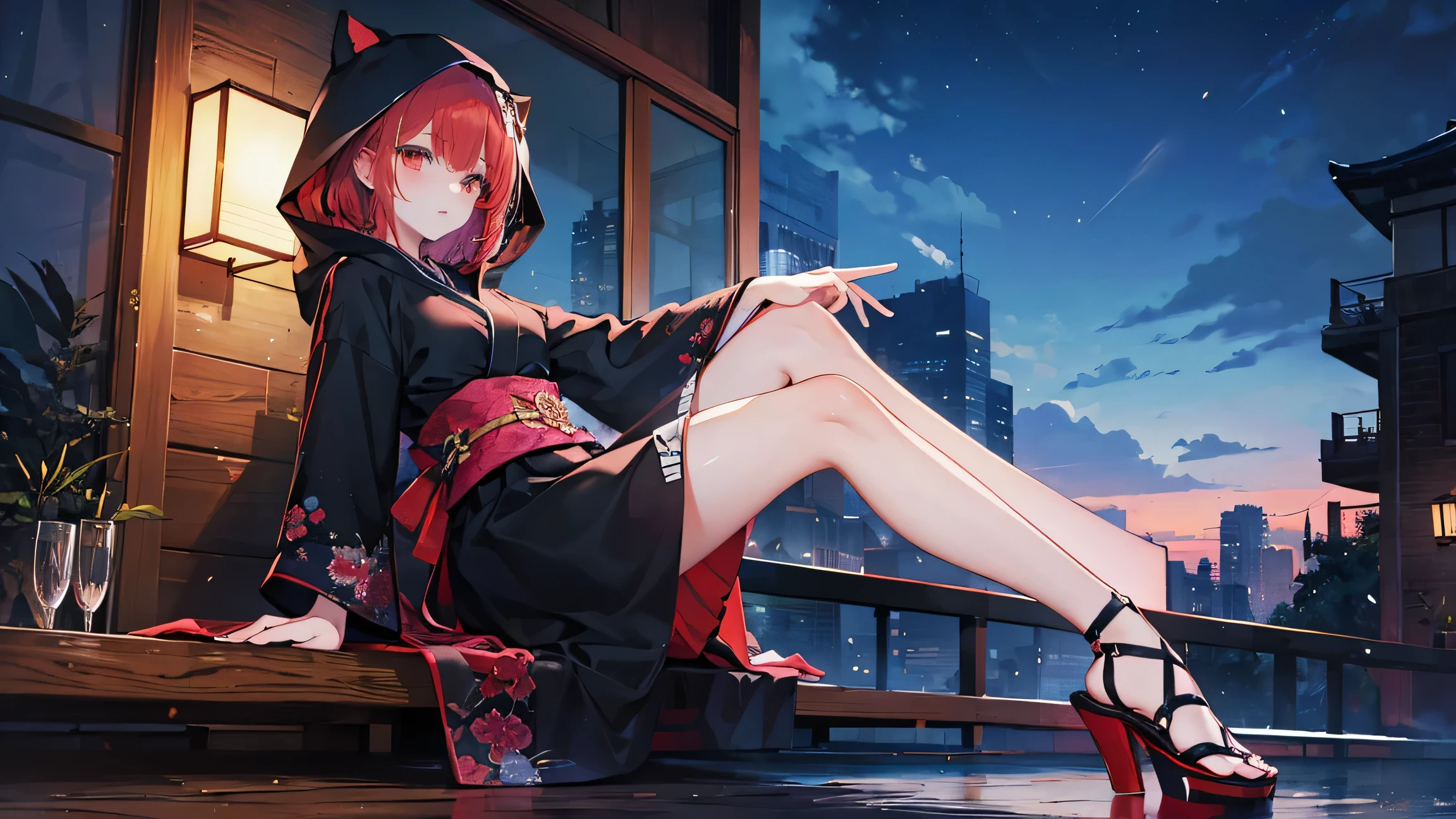 ((best quality)), ((masterpiece)), (detailed)), red hair, black dress, kimono oni belt, flowy dress skirt, night sky, full body, sitting, hooded top