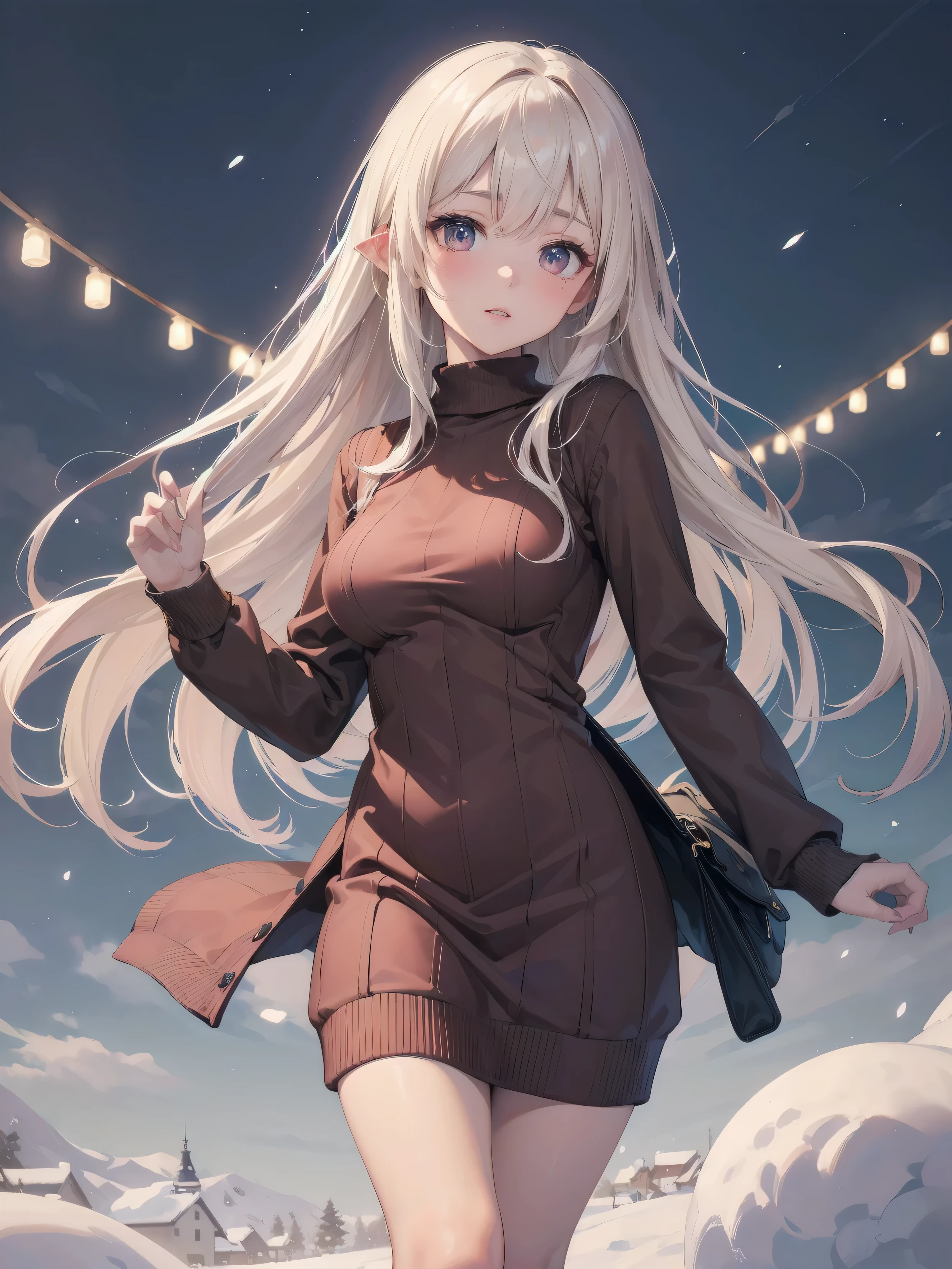 (1girl, masterpiece, Super exquisite illustrations, best quality, light particles, Super detailed, 8k wallpaper,), ((((breasts type: Narrow, Narrow breasts, Smaller and closer together, often more upright)))), (wearing Wool plaid jumper dress), (Winter theme, background: park, Skipping in place, Skipping on the spot, legs alternating in mid-air),- **Eyes**: Oval-shaped, light hazel - **Nose**: Small and straight - **Lips**: Medium, natural pink - **Hair**: Long, straight, dark blonde - **Skin Tone**: Fair with a cool undertone - **Eyebrows**: Thin and arched - **Cheekbones**: High and defined - **Chin**: Rounded - **Ears**: Small and close to the head - **Expression**: Warm and welcoming