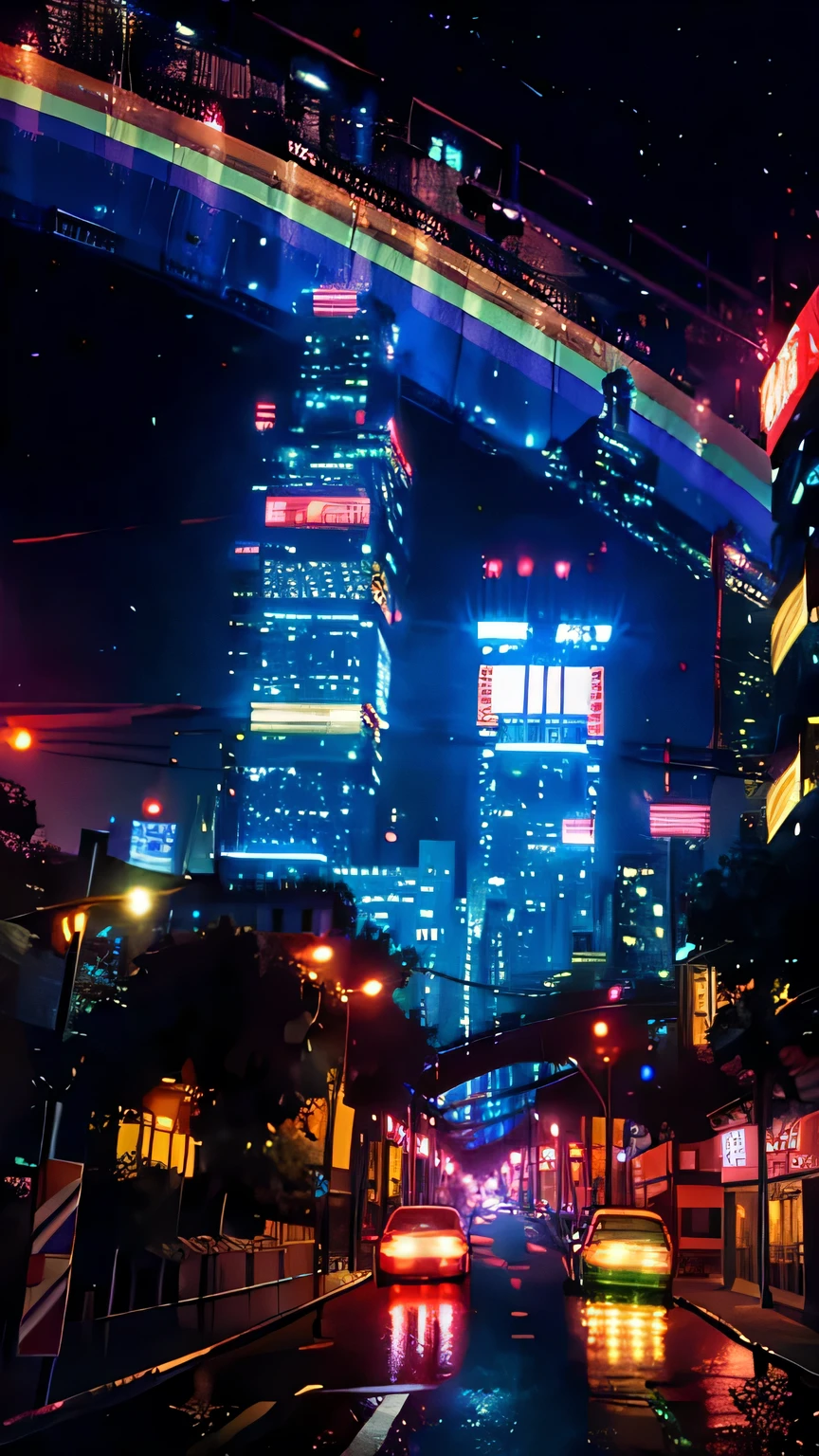 Anime Style,Night view,city,rainbow,Traffic jam,building,Traffic jam light,