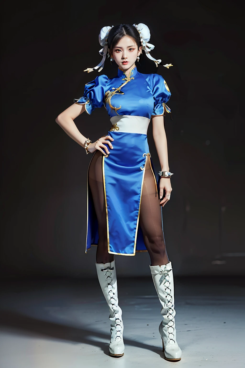 (RAW shooting, Photoreal:1.5, 8k, highest quality, masterpiece, ultra high resolution), perfect dynamic composition:1.2, Highly detailed skin and facial textures:1.2, chunli:1, beautiful and aesthetic:1.2, sexy beauty, perfect style, belief, Strong-willed, revenge, Fair skin, very beautiful face, (wearing a sexy china dress:1.2), (beautiful eyes, Eyes that feel beautiful eros:1.0), (Too erotic:0.9, Bewitching:0.9), (full body photo:1.4), (perfect limbs:1.2), (perfect fingers:1.2),(Bun head,bun cover,boots, bracelet, brown pantyhose, chinese clothes, cross-laced footwear, dress, gold trim, jewelry, pantyhose, pelvic curtain, puffy sleeves, sash, short sleeves, side slit, spiked bracelet, spikes and white footwear,large breast:2,chest gap),(simple background:1.4),(knees together),(standing:1.4),
