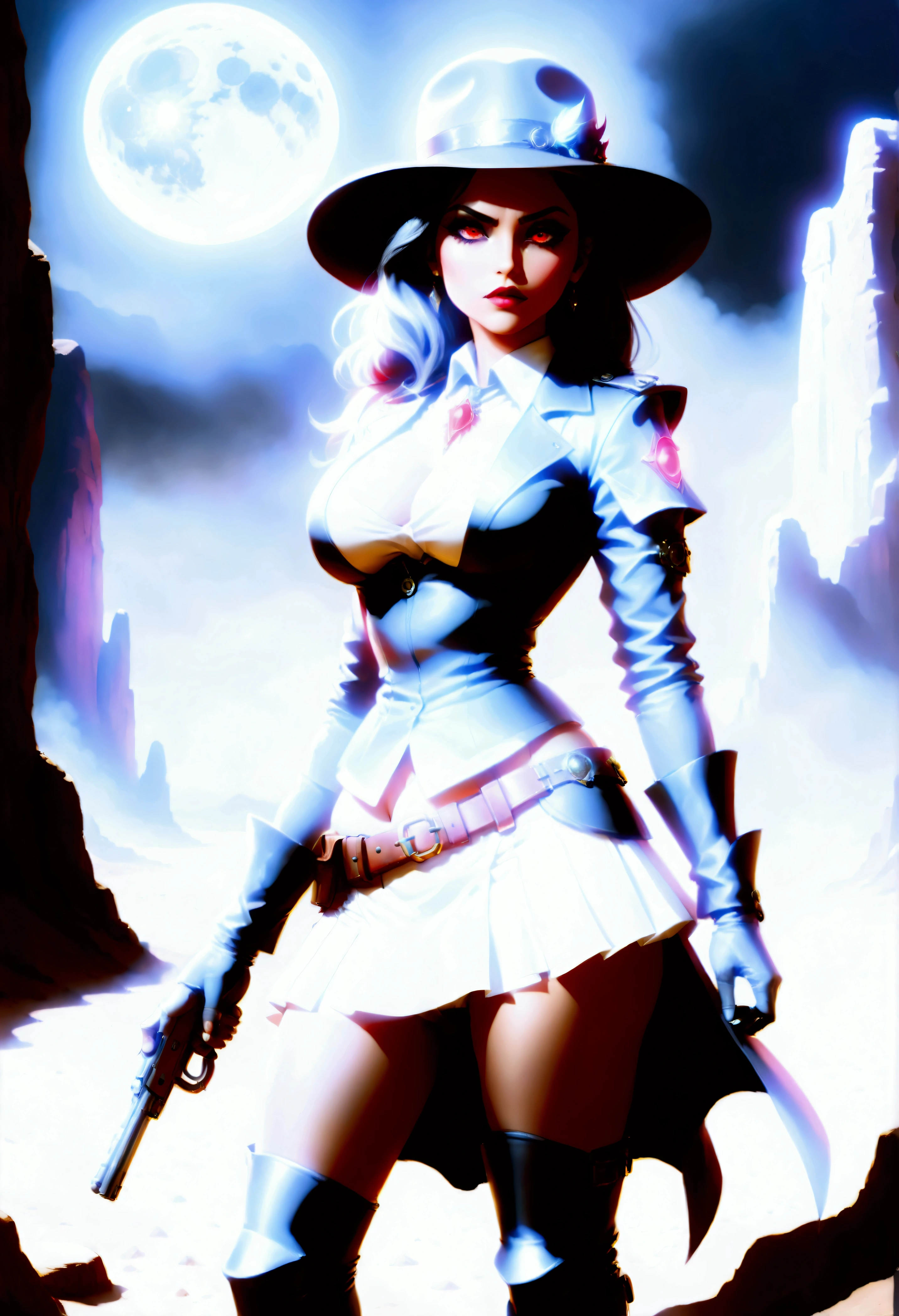 (wild west black and white 19th century photograph style: 1.5) picture of a female vampire cowboy in the desert night, a goth beauty, exquisite beautiful female vampire, ((anatomically correct: 1.5), (ultra detailed face: 1.2), best detailed face, red glowing eyes, full body, busty, wearing white bottom shirt, short skirt, dynamic color. wearing (Gambler Crease hat: 1.2), wearing high heeled boots, wearing open black trench coat, flowing trench coat, (pistol in a holster: 1.1), it is night time in the desert, moon light. moon rays, west America desert canyon background, Hyperrealism style, vibrant, Ultra-high resolution, High Contrast, (masterpiece:1.5), highest quality, Best aesthetics), best details, best quality, highres, ultra wide angle, 16k, [ultra detailed], masterpiece, best quality, (extremely detailed) RAW, chumbasket art style, rpg portrait photograph,