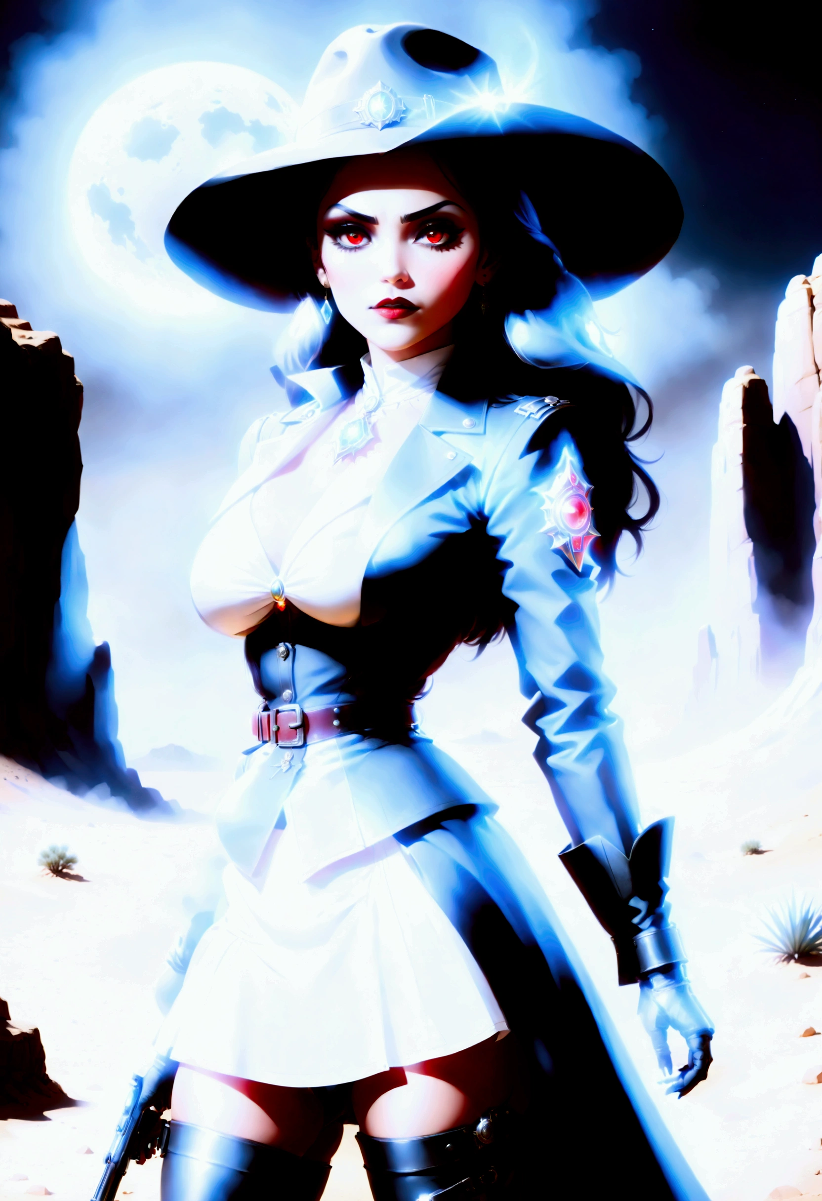 (wild west black and white 19th century photograph style: 1.5) picture of a female vampire cowboy in the desert night, a goth beauty, exquisite beautiful female vampire, ((anatomically correct: 1.5), (ultra detailed face: 1.2), best detailed face, red glowing eyes, full body, busty, wearing white bottom shirt, short skirt, dynamic color. wearing (Gambler Crease hat: 1.2), wearing high heeled boots, wearing open black trench coat, flowing trench coat, (pistol in a holster: 1.1), it is night time in the desert, moon light. moon rays, west America desert canyon background, Hyperrealism style, vibrant, Ultra-high resolution, High Contrast, (masterpiece:1.5), highest quality, Best aesthetics), best details, best quality, highres, ultra wide angle, 16k, [ultra detailed], masterpiece, best quality, (extremely detailed) RAW, chumbasket art style, rpg portrait photograph,