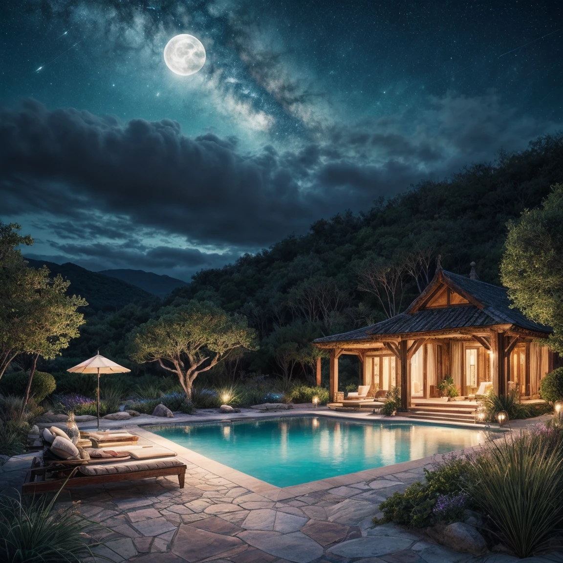 A stunning illustration of an Island oasis under the moonlight, rendered in lavish digital painting, depicting a tranquil utopia bathed in an ethereal, soft blue glow, with delicate silver glitter dispersed across the lush, emerald-green foliage and powdery white sandy shores, exuding a sense of serene luxury, evoking the dreamlike quality of a cinematic fantasy, with vibrant accents of turquoise and amber, set against a backdrop of dark, starry skies, infused with an air of mystique and romance, in ultra-high resolution, best quality.