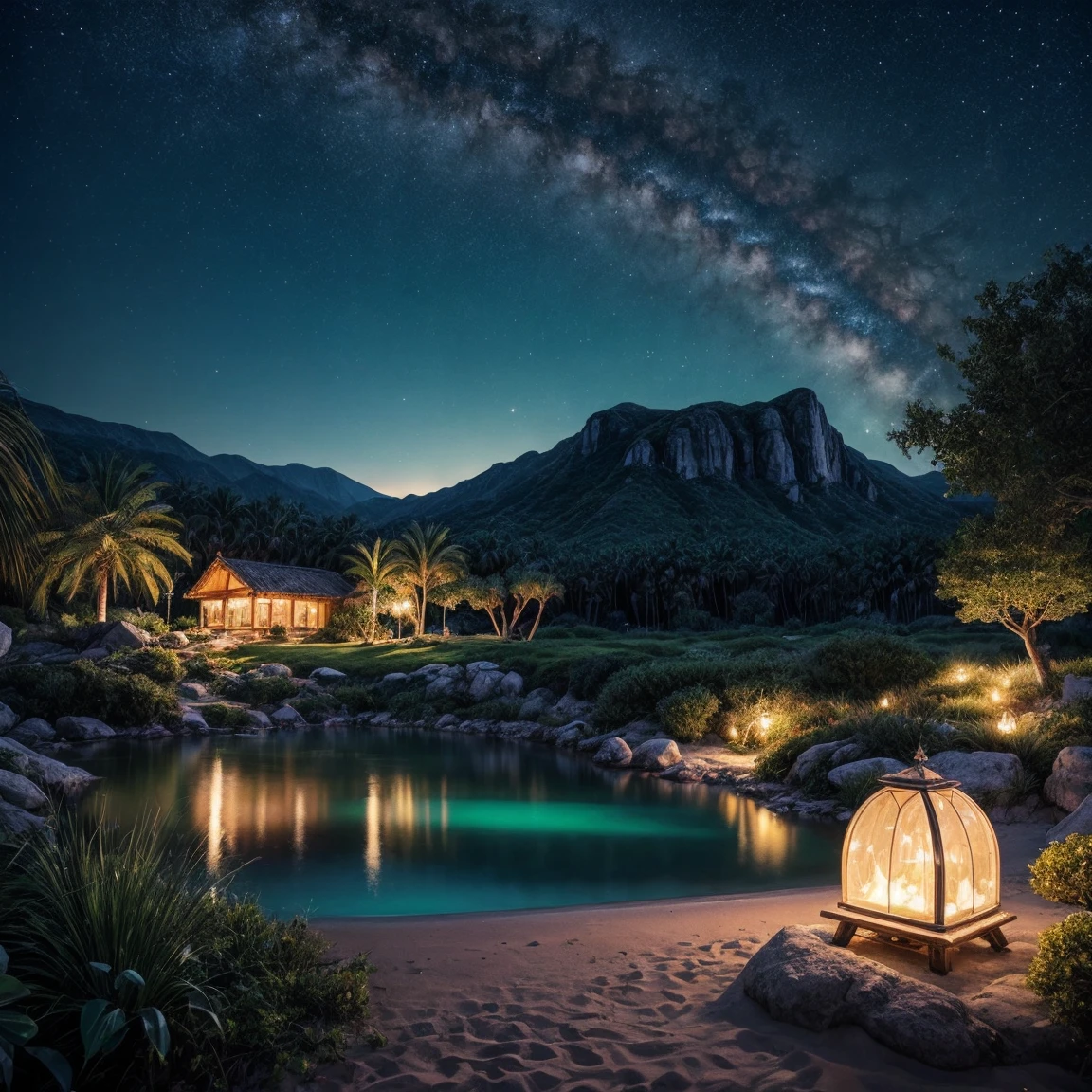 A stunning illustration of an Island oasis under the moonlight, rendered in lavish digital painting, depicting a tranquil utopia bathed in an ethereal, soft blue glow, with delicate silver glitter dispersed across the lush, emerald-green foliage and powdery white sandy shores, exuding a sense of serene luxury, evoking the dreamlike quality of a cinematic fantasy, with vibrant accents of turquoise and amber, set against a backdrop of dark, starry skies, infused with an air of mystique and romance, in ultra-high resolution, best quality.