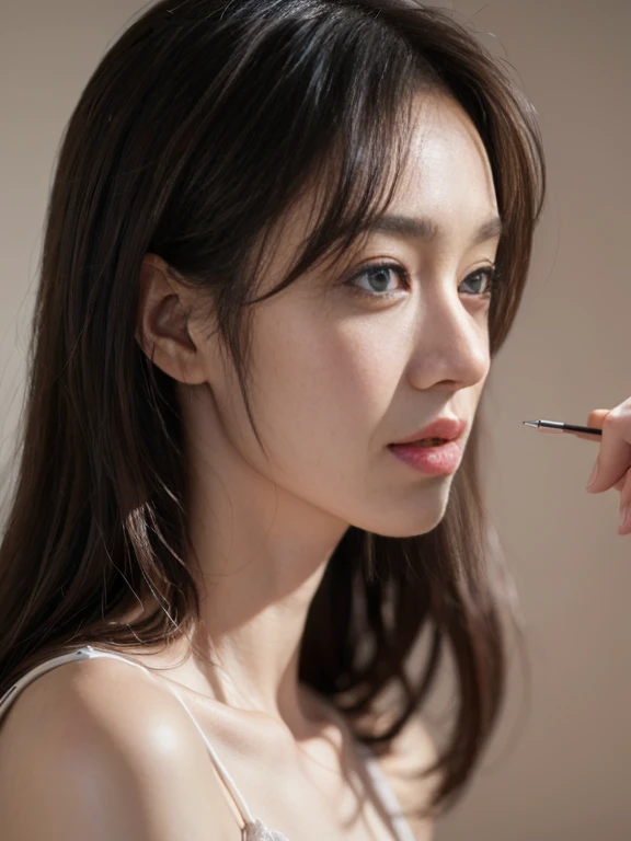 ((((highest quality))))、(((Ultra-precision CG16K wallpaper)))、(((masterpiece)))、(((Super detailed)))、(((super extreme details)))、1people's women、mature woman、24 year old woman、((Japanese face))、((very beautiful face))、((did:1.5))、((Straight ponytail hair、blunt bangs))、(shiny brown hair)、beautiful delicate eyes、brown eyes、raised eyebrows、high nose、small nostrils、small mouth、seductive lips、beautiful breasts、((C cup size breasts))、cleavage、plump body、(Chubby body type)、perfect proportions、perfect anatomy、perfect composition、beautiful detailed shading、beautiful natural lighting、beautiful detail glow、Depth of the bounds written、(((High chroma)))、(((real:1.9)))、((vivid:1.5))、((edge:1.6))、((beautiful skin))、((skin texture))、((Realistic skin feel))、(((cowboy shot、Thigh:1.5)))、((Angle seen from the front:1.5))、((Surprised face with open mouth:1.4))、(Eyes looking at me:1.5)、Daytime bedroom、bright sunshine、Natural light、(((in front of the bed:1.2)))、(standing pose:1.5)、(((A severely torn cardigan、Violently torn and torn beige pink lace bikini lingerie clothes:1.6)))、((Completely naked:1.2))、((choker、Wearing earrings:1.3))、