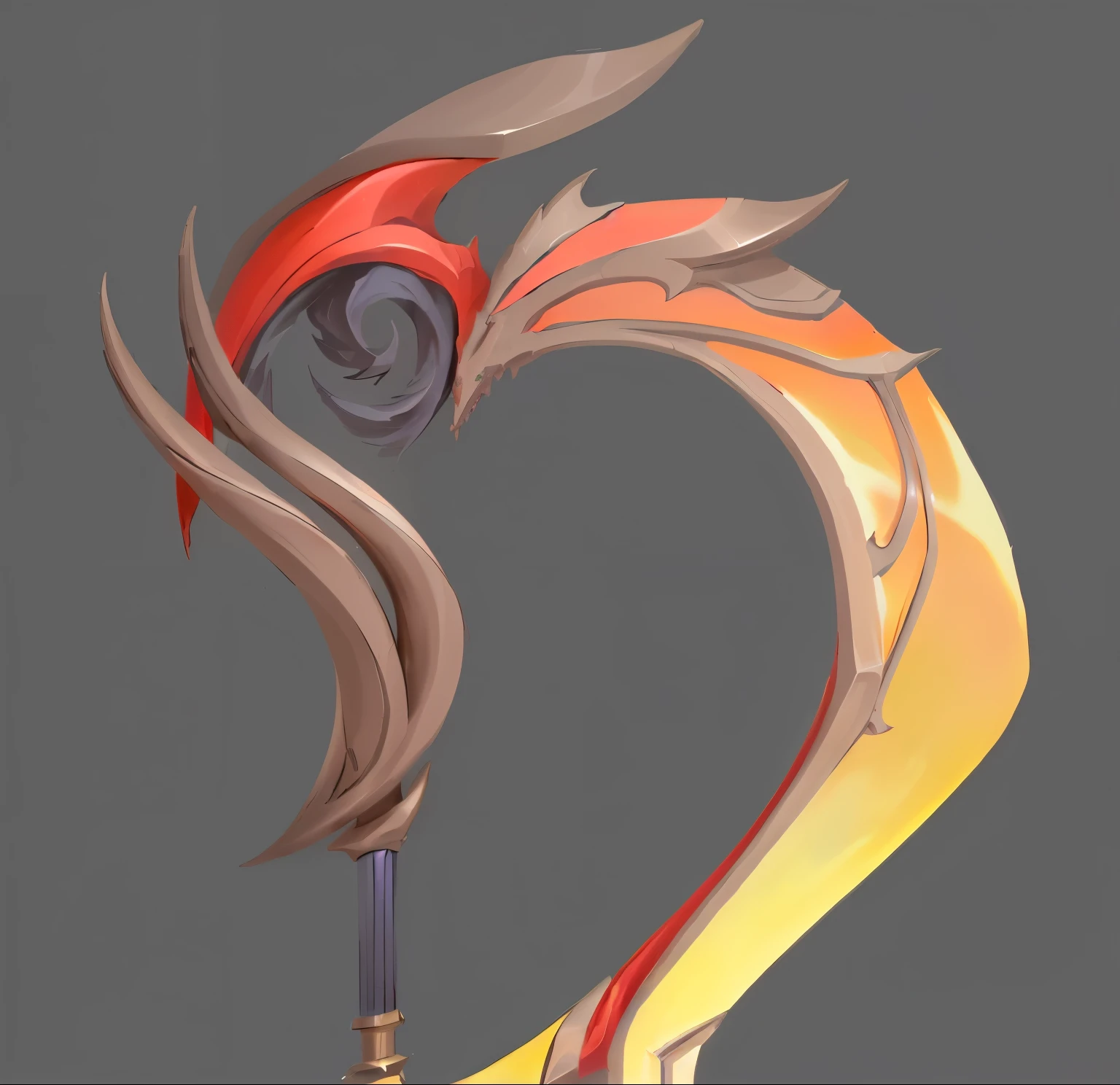There is a colorful fire and flame stick，Wearing a red hat, Huge stylized shoulder armor, Dragon Staff, Dragon Staff, Fantasy weapons, Weapon concept art, Weapon Design, Color handle, Fantasy Scythe, Intricate Fantasy Spear, fire staff, Sword Design, stylized concept art, Sword weapons, Prop Design, glowing Dragon Staff
