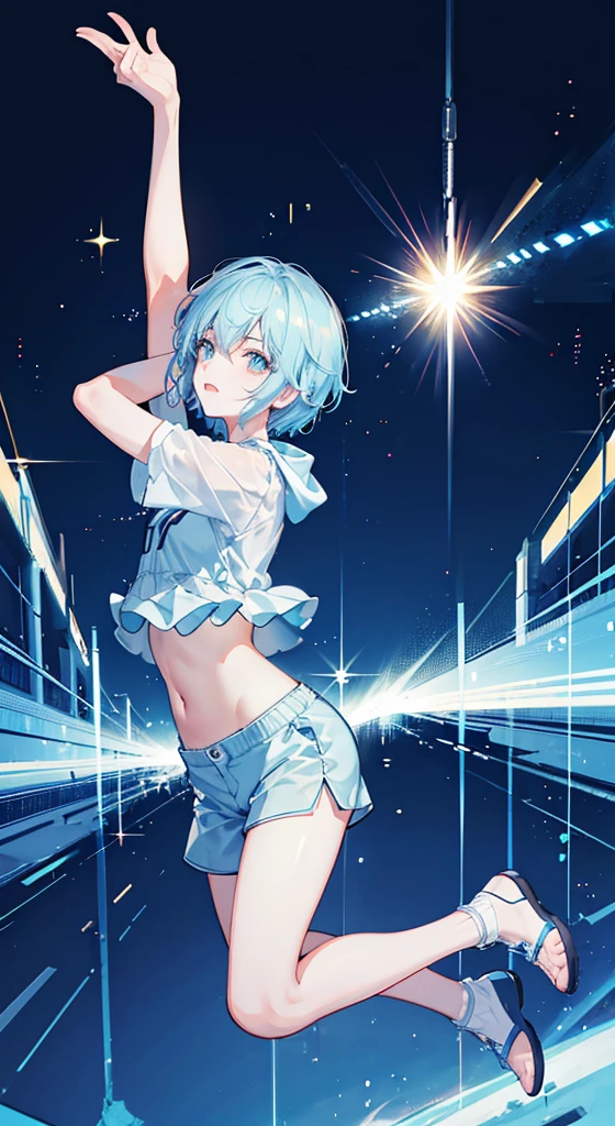 boy, transparent, Jumping, Light blue, Shorts, short hair, sparkle, cinematic lighting, UHD, high details, best quality, highres, 8k