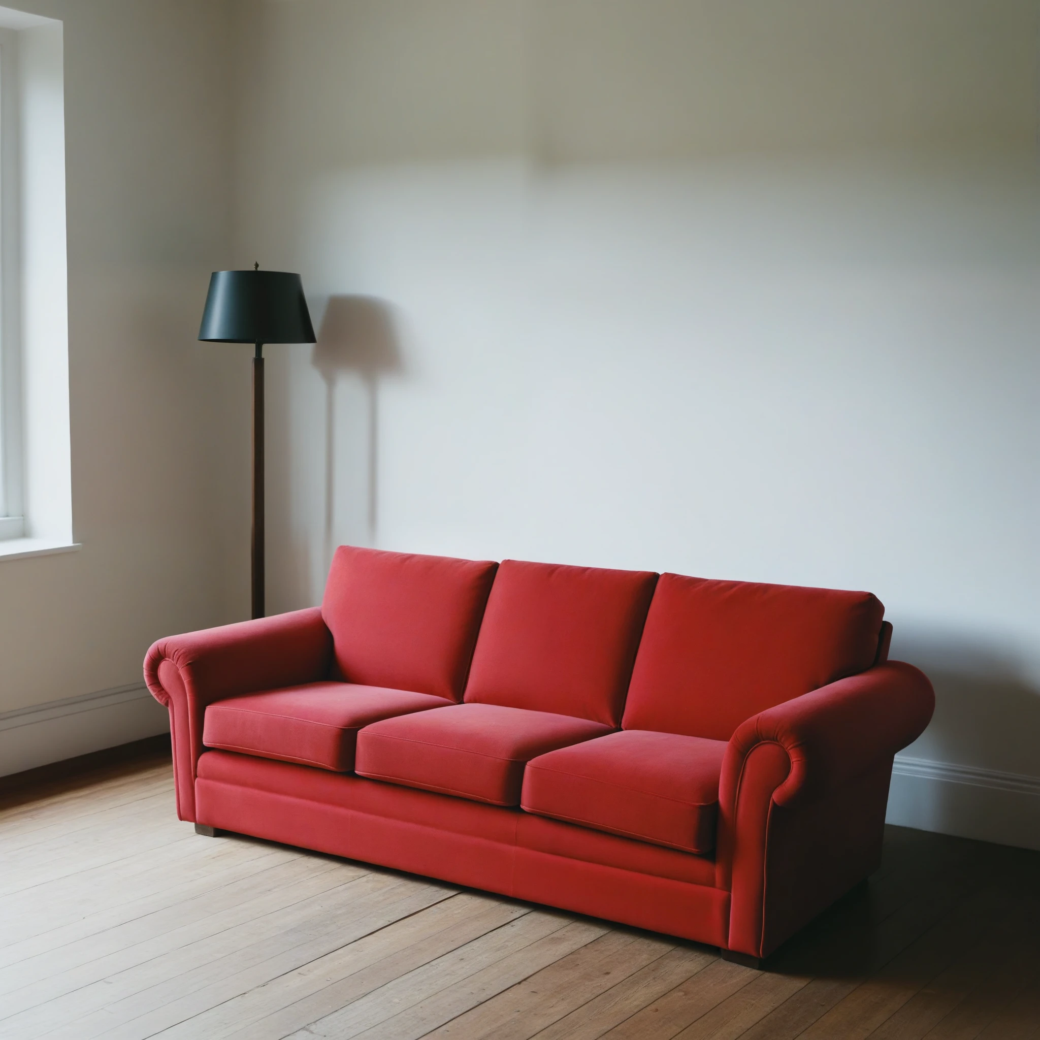 a red sofa stands alone across the room
