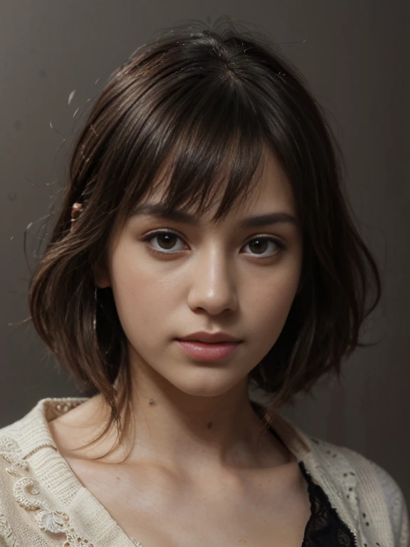 ((((highest quality))))、(((Ultra-precision CG16K wallpaper)))、(((masterpiece)))、(((Super detailed)))、(((super extreme details)))、１people&#39;s women、mature woman、24 year old woman、((Japanese face))、((very beautiful face))、((did:1.5))、((Straight ponytail hair、blunt bangs))、(shiny brown hair)、beautiful delicate eyes、brown eyes、raised eyebrows、high nose、small nostrils、small mouth、seductive lips、beautiful breasts、((C cup size breasts))、cleavage、plump body、(Chubby body type)、perfect proportions、perfect anatomy、perfect composition、beautiful detailed shading、beautiful natural lighting、beautiful detail glow、Depth of the bounds written、(((High chroma)))、(((real:1.9)))、((vivid:1.5))、((edge:1.6))、((beautiful skin))、((skin texture))、((Realistic skin feel))、(((cowboy shot、Thigh:1.5)))、((Angle seen from the front:1.5))、((Surprised face with open mouth:1.4))、(Eyes looking at me:1.5)、Daytime bedroom、bright sunshine、Natural light、(((in front of the bed:1.2)))、(standing pose:1.5)、(((A severely torn cardigan、Violently torn and torn beige pink lace bikini lingerie clothes:1.6)))、((Completely naked:1.2))、((choker、Wearing earrings:1.3))、