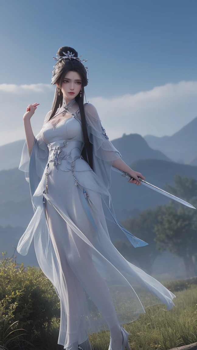 masterpiece,best quality,official art,extremely detailed CG unity 8k wallpaper,high quality,
bare legs,full body,happy,blush,
1girl,thin,(slim body:1.4),looking at viewer,small breasts,
1girl,weapon,sword,earrings,jewelry,long hair,solo,forehead mark,sky,hair ornament,upper body,facial mark,cloud,dress,black hair,blue sky,looking at viewer,white dress,cloudy sky,hair bun,blue hair,
mountain peaks,trees,classical chinese style,
(big breasts:1.3),(the_pose:1.2),