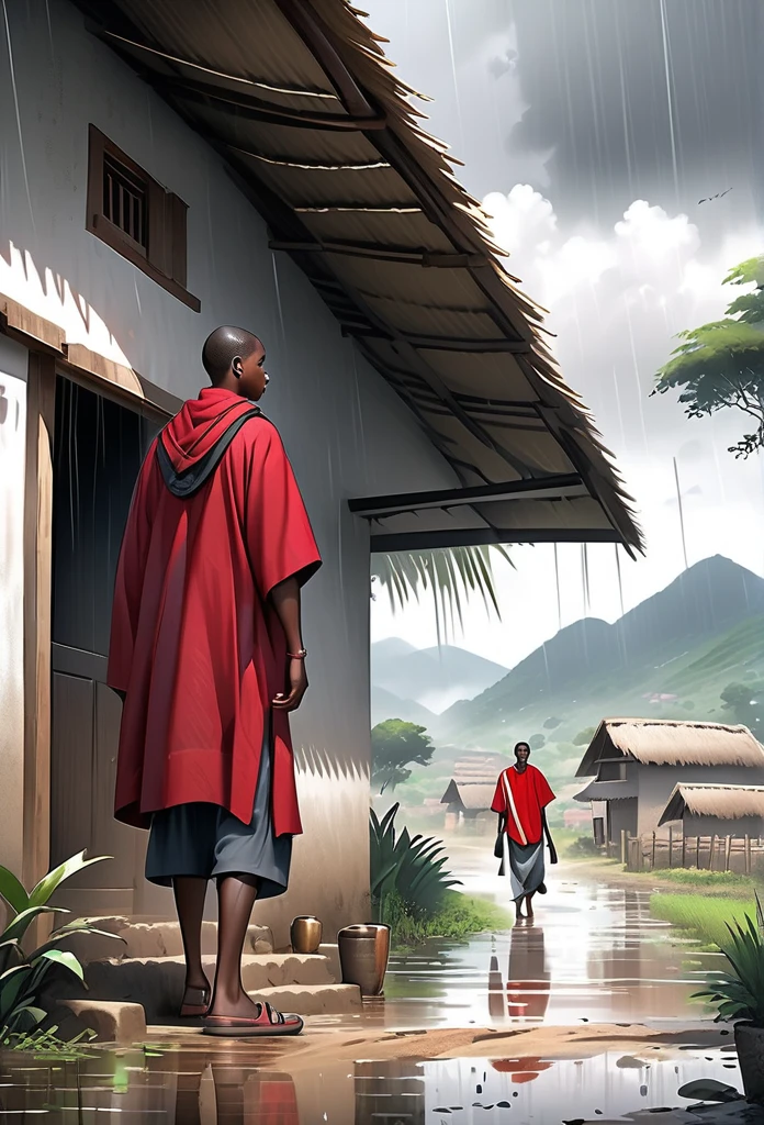 Ultra Realistic, Highly Defined Details, African tribal Family Black, Young adult 18year old leaving the village, family saying goodbye, villagers waving goodbye, Young 18 year old male, in a red cloak, Crimson Decor, Sunlight to Capturing the Mode, Young African  Villager,  sitting in shady grey area, looking sad, rain clouds and rain, lots of rain, In the Village, Mountains behind the Village, side view walking, side perspective, rainy day 