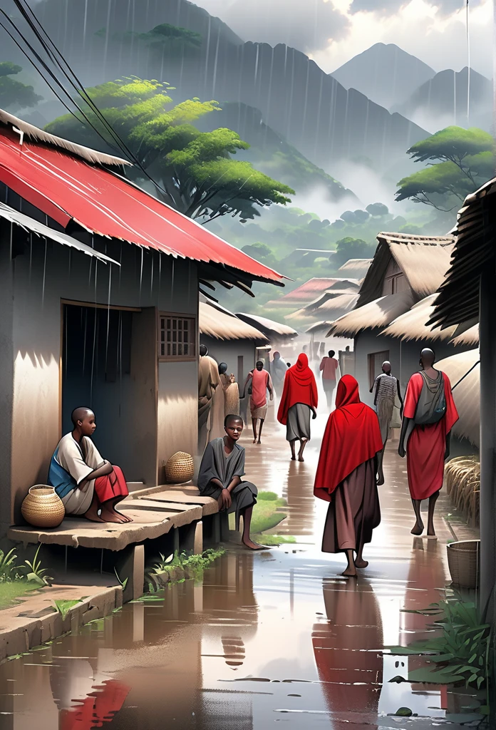Ultra Realistic, Highly Defined Details, African tribal Family Black, Young adult 18year old leaving the village, family saying goodbye, villagers waving goodbye, Young 18 year old male, in a red cloak, Crimson Decor, Sunlight to Capturing the Mode, Young African Villager, sitting in shady grey area, looking sad, rain clouds and rain, lots of rain, In the Village, Mountains behind the Village, side view walking, side perspective, rainy day