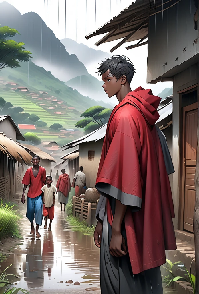 Ultra Realistic, Highly Defined Details, African tribal Family Black, Young adult 18year old leaving the village, family saying goodbye, villagers waving goodbye, Young 18 year old male, in a red cloak, Crimson Decor, Sunlight to Capturing the Mode, Young African Villager, sitting in shady grey area, looking sad, rain clouds and rain, lots of rain, In the Village, Mountains behind the Village, side view walking, side perspective, rainy day