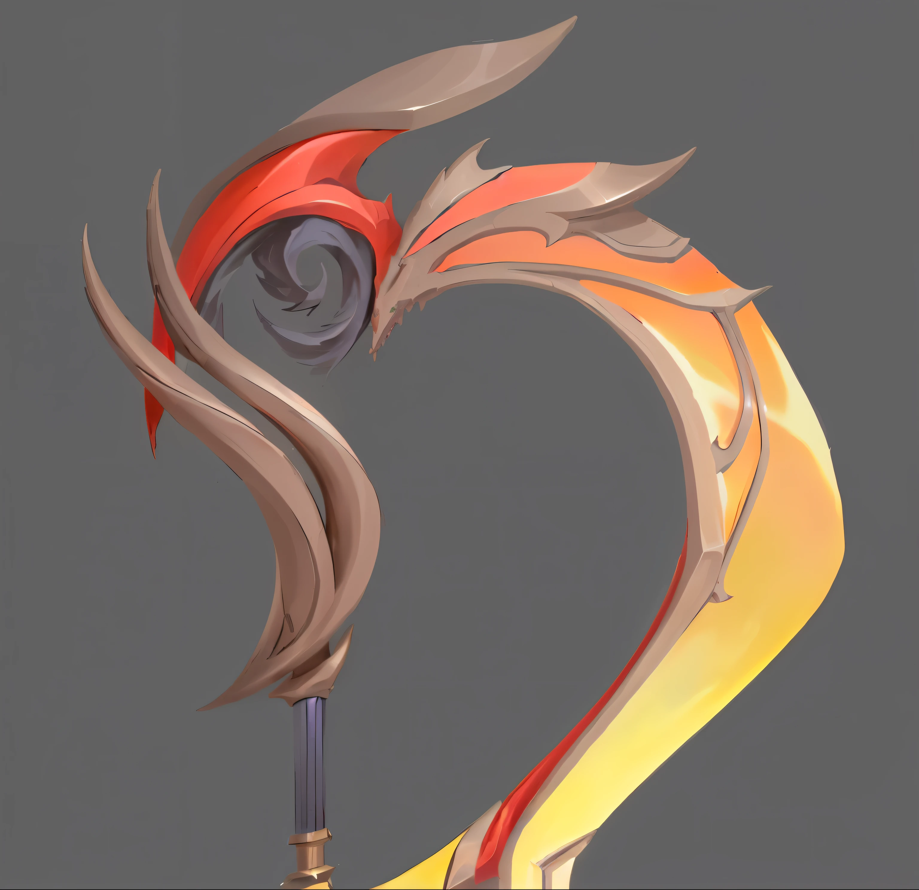 There is a colorful fire and flame stick,Wearing a red hat, Huge stylized shoulder armor, Dragon Staff, Dragon Staff, Fantasy weapons, Weapon concept art, Weapon Design, Color handle, Fantasy Scythe, Intricate Fantasy Spear, fire staff, Sword Design, stylized concept art, Sword weapons, Prop Design, glowing Dragon Staff