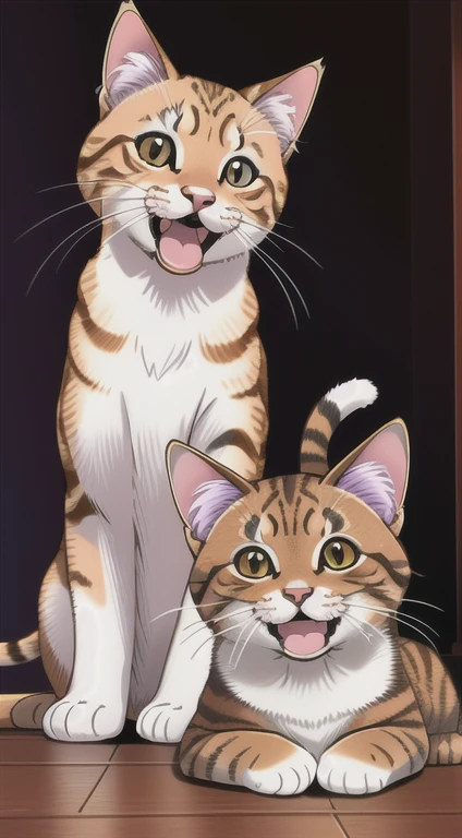 In this ultra-detailed CG art, Cute kittens, Laughter, Highest quality, High resolution, Intricate details, Fantasy, Cute Animals, purple, interesting, Open your mouth!! smile!!!、Brown tabby cat