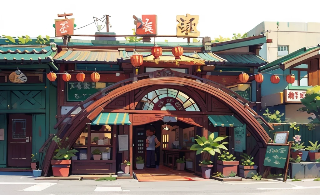 Daytime scene, cartoon-styled, depicting a two-story glass-fronted traditional Chinese restaurant on a bustling street. A row of vibrant green potted plants adorn the entrance, inviting passersby.