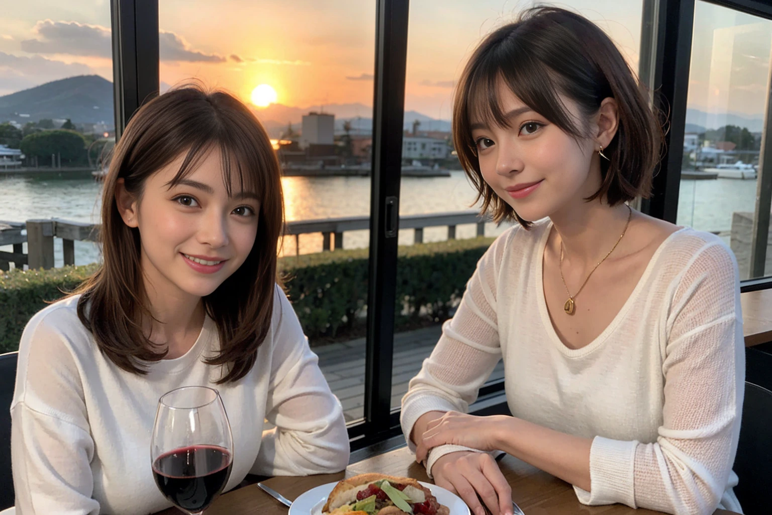 (Realistic:1.1),(masterpiece,Highest quality),8k,(44 years old), 47 years old, slimカップル、Model Couple、actress/actor、Tight waist,Upper Body,full-course dinner、wine 、Amazing view of the sunset sky and clouds、Perfect Anatomy, Brown Hair, short hair,Random Hairstyles,((Highly detailed face and eyes:1.2))(cute顔:1.4),美しいactressの顔,Perfect golden ratio face,Long sleeve shirt、dress,(smile:1.2)、Shortcuts、cute、(Realistic, Intricate details:1.2), A bright smile、short hair,Bright Face、赤wine 、Appetizers、Italian food、wine bottle、Champagne、スパークリングwine、(slimな顔), (The body is slim), (Brown Hair), (Shortcuts), Upper Body, 白wine, slim, wineグラス,