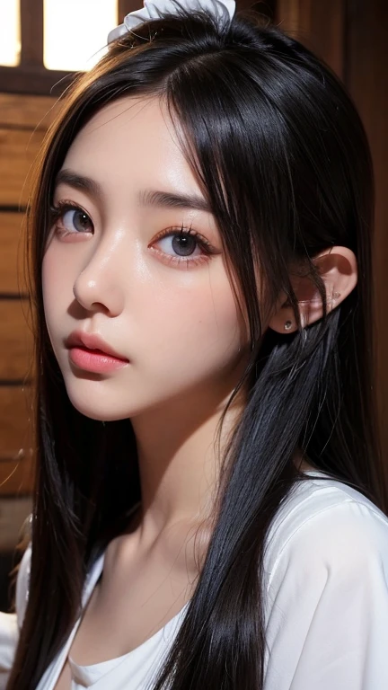 Non-NSFW、Real、Highest quality、Highest quality、masterpiece、Ultra-high resolution、RAW Photos、Real、Bright lighting、Face Light、Smooth Professional Lighting、Looking into the camera、alone、Adult women、Beautiful woman、Super Beauty、Realな肌、Moisturized Skin、Realな目と顔、Perfect model body、Beautiful Eyes、Big eyes、Inconspicuous tear bags、slim、No bra、Beautiful fingers、Very long hair、Jet Black Hair、black eye、looks happy、(Both ears are hidden by hair)、Fantasy World、Medieval Europe、saint、(((Neat and Clean Maid)))、Inside the temple、(black and white outfit:)、Small Ass、(Small breasts:1.3)、(Venus&#39; Nipples:1.8)、Königsreuter, (Black French Maid Uniform:1.7), (white Stockings and Garter Set:1.2), (Headdress),(high heels:1.2), (Short frilly salon apron:1.2)、(Leaning forward:1.2)、(From above:1.5)