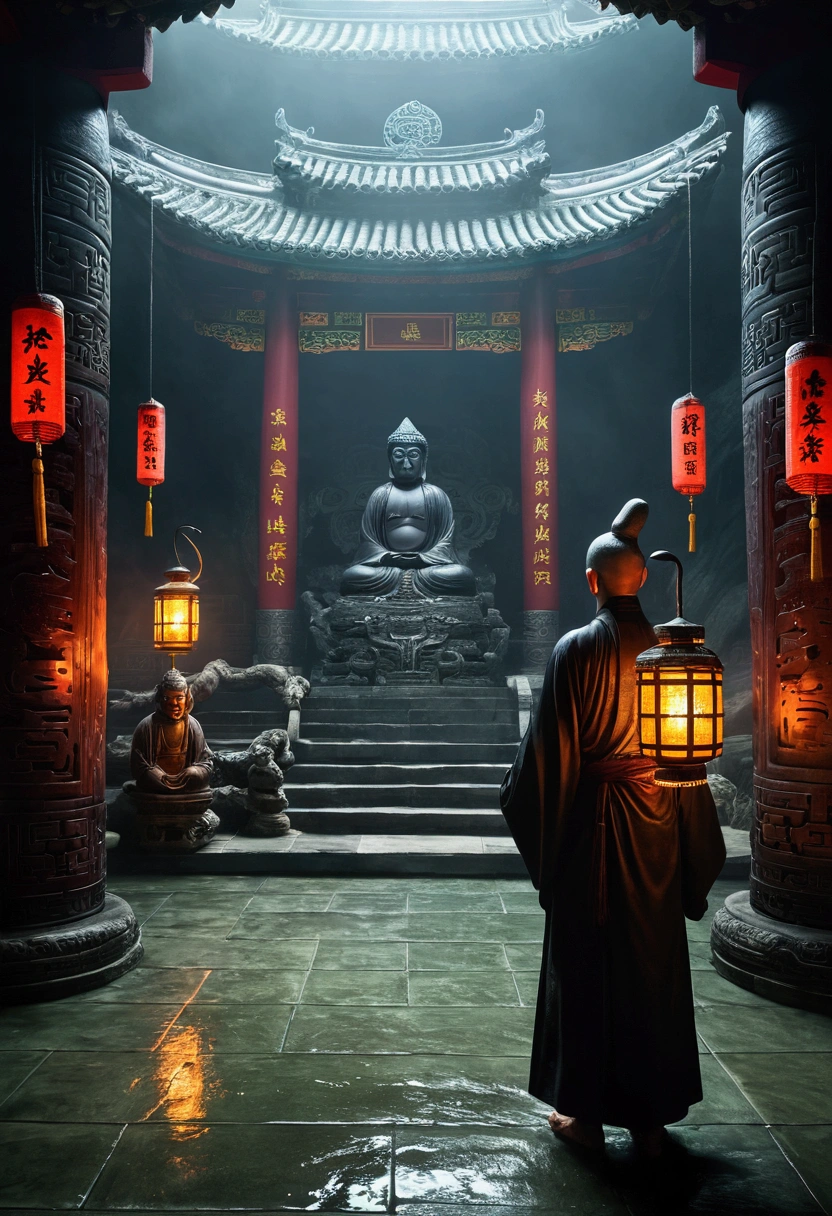 China, temple, (Mysterious Black Mist), Journey to the West, Judge, Elders, Glazed tiles, Buddha statues, lantern, absurd, Realistic lighting, (abyss) masterpiece, high quality, Beautiful graphics, High Detail, seabed, Water dungeon, male, Snake spirit