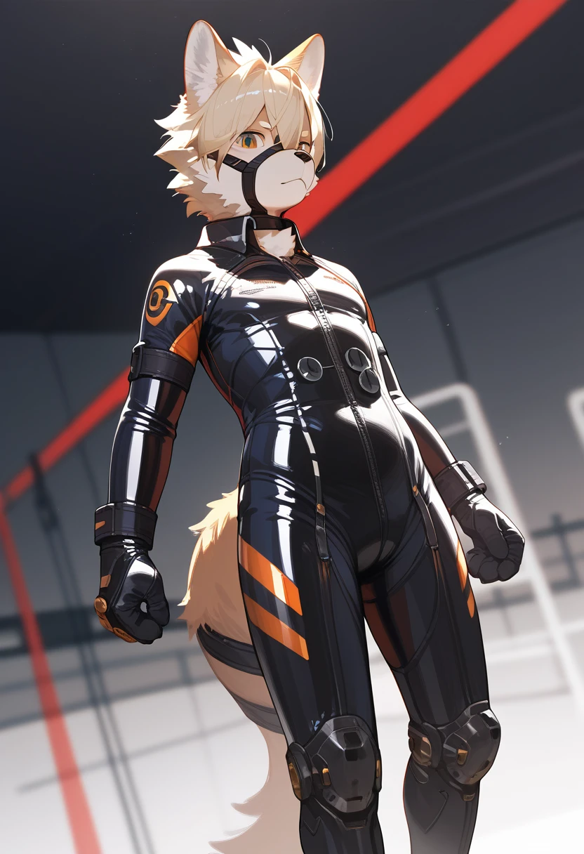 Highest quality, Highest quality, High quality illustrations, masterpiece, Ultra-high resolution, Detailed Background, Absurd, Perfect Anatomy, performance, Good lighting, Shadows in the movies(kemono, Furry Personifi猫ion), Finn Lycan, Rubber Suit, Dynamic Angle