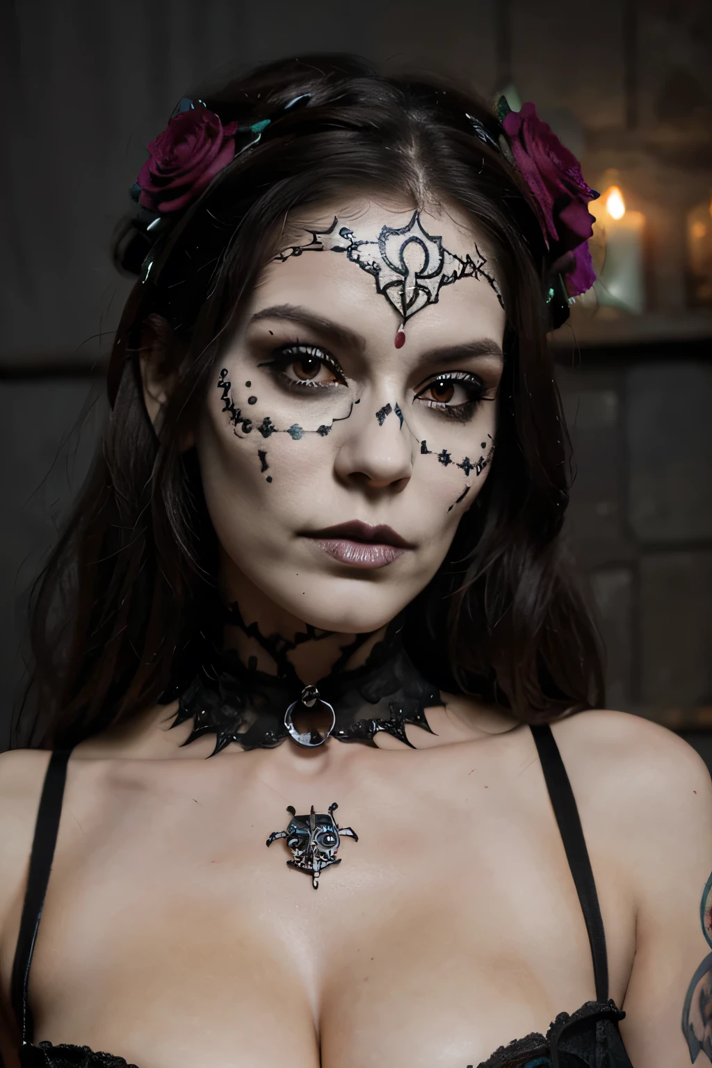 realistic portrait of beth hart a woman with a skull makeup and flowers in her hair, beautiful necromancer girl, beautiful girl necromancer, close-up portrait goddess skull, beautiful necromancer, gothic art style, anime skull portrait woman, gothic fantasy art, beautiful fantasy art portrait, la catrina, gothic art, queen of the dead, sugar skull