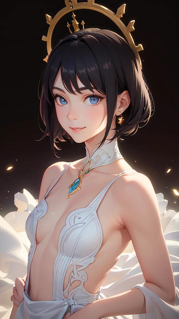 Beautiful detailed short black hair, Beautifully detailed face, Beautiful attention to detail, Beautiful clavicle, Beautiful body, Blue open-necked dress, Baby Face, Small breasts, (photoRealistic:1.4), (masterpiece, Side light, Exquisite beautiful eyes: 1.2), masterpiece*Portraiture, Realistic, 3D Face, Glowing Eyes, Shiny Hair, Glowing Skin, alone, Embarrassing, (abdomen), Smile, Standing facing forward, Mouth closed, Watching the audience,
