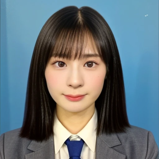 (kawaii 24 year-old Japanese girl, Nogizaka idol, Korean idol), (glossy black hair, short bob, hair length must be even and symmetric:1.3), (rounded face, single eyelid, no makeup, serious expression:1.2), (wearing suit jacket, collared shirt, necktie:1.3), (extra small breasts:0.9), (looking at viewer:1.2), BREAK, (simple blue background, yearbook background:1.3), (portrait, id photo, bust shot, view from vertically straight forward:1.3), (keep a margin on the top), BREAK, (masterpiece, best quality, photo realistic, official art:1.4), (UHD, 8K quality wallpaper, high resolution, raw photo, golden ratio:1.3), (shiny skin), professional lighting, physically based rendering, award winning, (highly detailed skin, extremely detailed face and eyes), Carl Zeiss 85 mm F/1.4, depth of field, 1girl, solo,