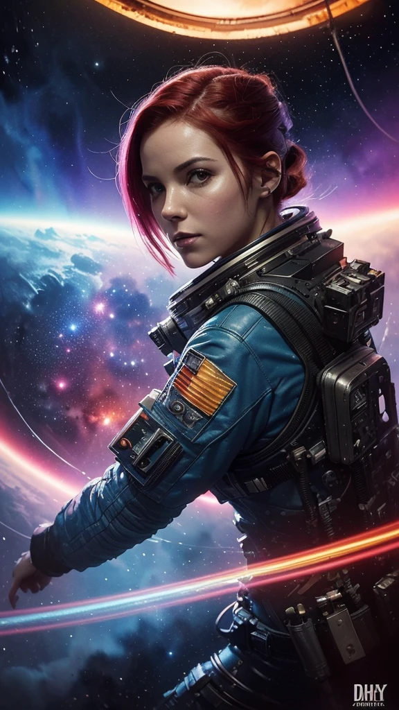 (masterpiece, top quality, best quality, extreme detailed, highest detailed, official art, beautiful and aesthetic:1.2), colorful, beautiful face, solo, perfect body, (1girl 25 years old with short red hair tied in a ponytail:1.1), in space, spacesuit, bust portrait, half-length portrait, looking at the viewer, looking at the camera, sun rays, indoors, (wires and cables:1.1), (science fiction:1.2), porthole, illuminator, stars,fantasy, high contrast, ink strokes, explosions, over exposure, purple and red tone impression , abstract, ((watercolor painting by John Berkey and Jeremy Mann )) brush strokes, negative space,