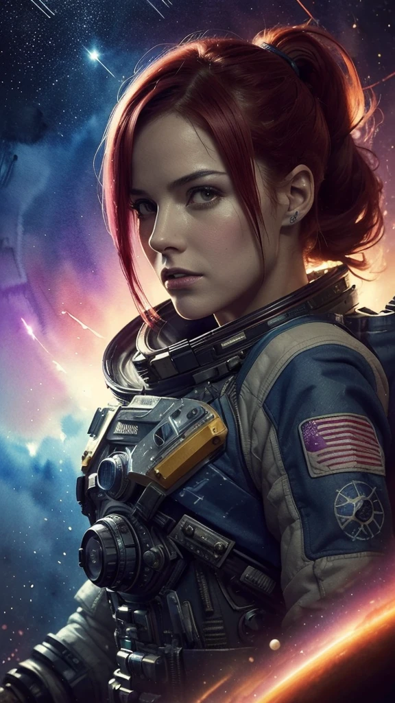 (masterpiece, top quality, best quality, extreme detailed, highest detailed, official art, beautiful and aesthetic:1.2), colorful, beautiful face, solo, perfect body, (1girl 25 years old with short red hair tied in a ponytail:1.1), in space, spacesuit, bust portrait, half-length portrait, looking at the viewer, looking at the camera, sun rays, indoors, (wires and cables:1.1), (science fiction:1.2), porthole, illuminator, stars,fantasy, high contrast, ink strokes, explosions, over exposure, purple and red tone impression , abstract, ((watercolor painting by John Berkey and Jeremy Mann )) brush strokes, negative space,