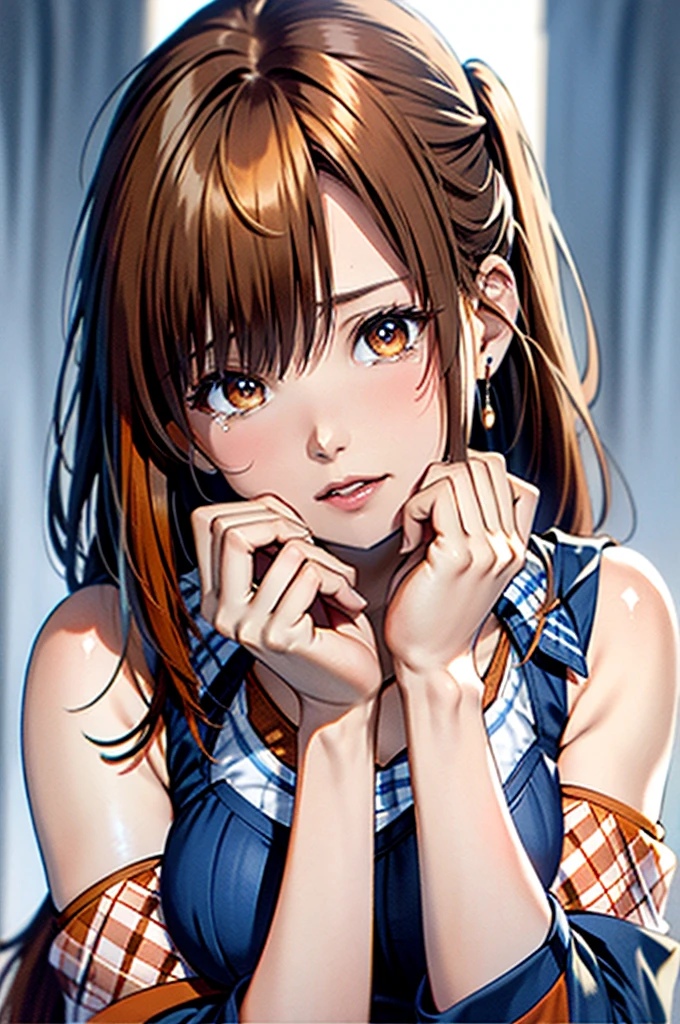 Upper body、oil、masterpiece、Ink painting style、Highest quality、High resolution、orange long hair、orange long hair、Naughty look、(((White and blue plaid bra)))、(((White and blue gingham check)))、Upper body、Female face、is crying、Tears running down my cheeks、 face、Sweaty skin、All backgrounds are white、Side Ponytail、((Side Tail Hair))、Touching your head with your hands