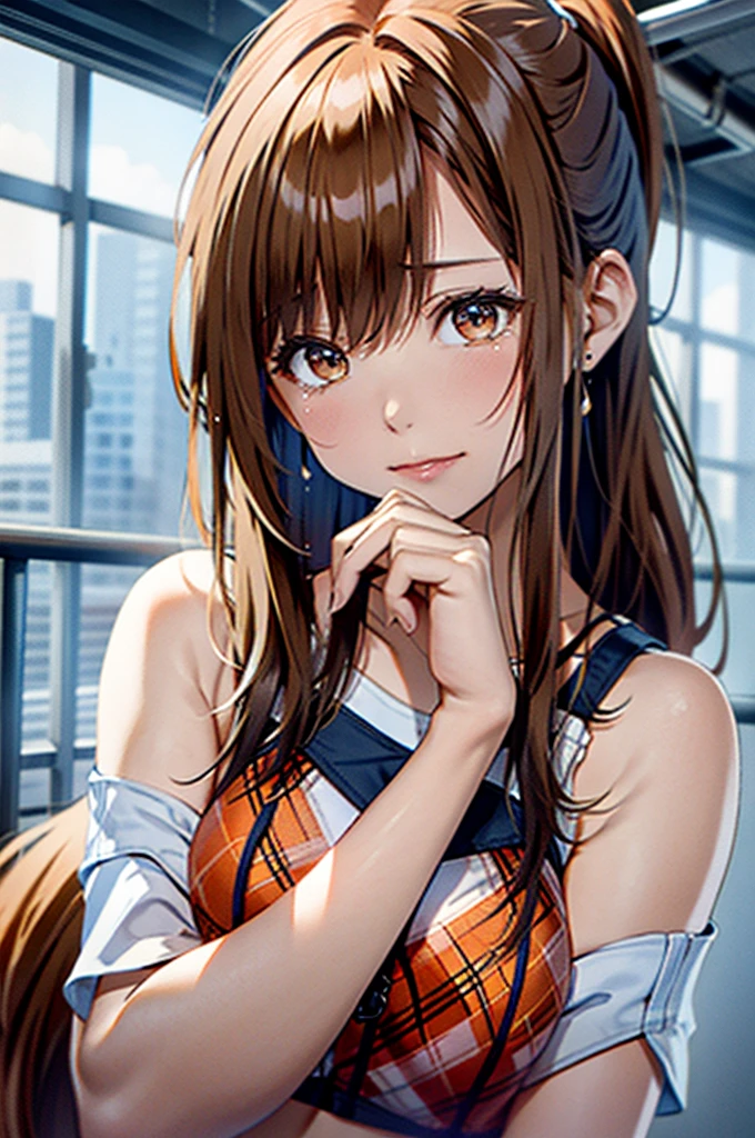 One girl, High resolution, Long Hair, smile, bangs, Brown Hair, High resolution, chest, Crescent-shaped earrings, anime, blue eyes, Twin tails, earphone, 