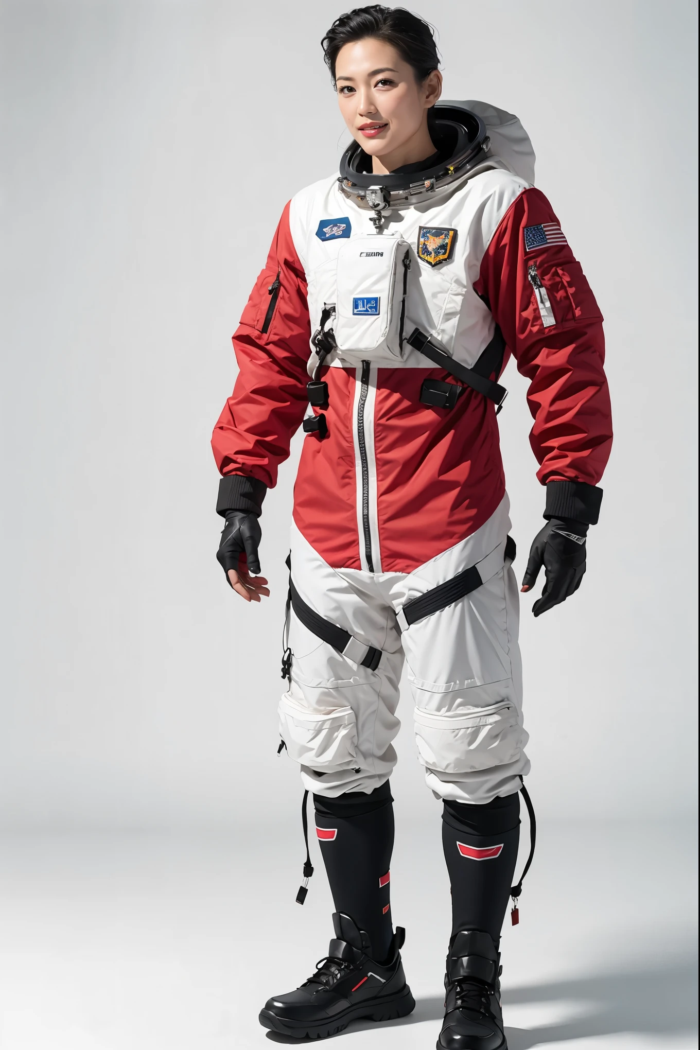 Super detailed, High resolution,Full body image seen from a distance, Super detailedな, Highest quality,Astronaut uniform with red lines on a white background,Astronaut&#39;s Glove on White, Smiled, Highest quality, Perfect Woman，（With the rocket launch site in the background）Highly detailed CG Unity 8k wallpaper, Cinema Lighting, Smiled，Not wearing a helmet