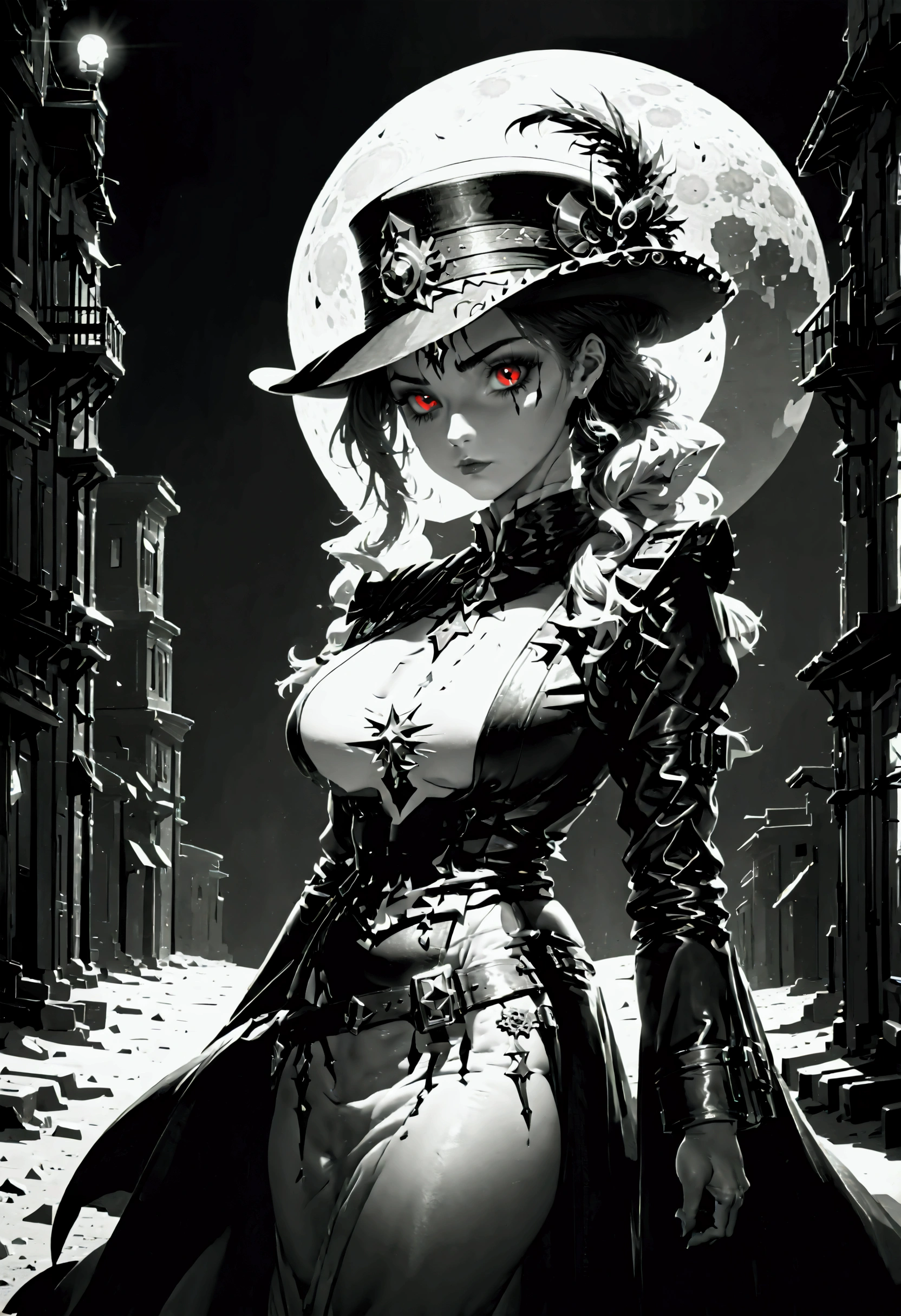 (wild west black and white 19th century photograph style: 1.5) picture of a female vampire cowboy in the desert night, a goth beauty, exquisite beautiful female vampire, ((anatomically correct: 1.5), (ultra detailed face: 1.2), best detailed face, red glowing eyes, full body, busty, wearing white bottom shirt, short skirt, dynamic color. wearing (Gambler Crease hat: 1.2), wearing high heeled boots, wearing open black trench coat, flowing trench coat, (pistol in a holster: 1.1), it is night time in the desert, moon light. moon rays, west America desert canyon background, Hyperrealism style, vibrant, Ultra-high resolution, High Contrast, (masterpiece:1.5), highest quality, Best aesthetics), best details, best quality, highres, ultra wide angle, 16k, [ultra detailed], masterpiece, best quality, (extremely detailed) RAW, chumbasket art style, rpg portrait photograph,