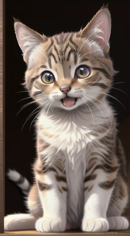 In this ultra-detailed CG art, Cute kittens, Laughter, Highest quality, High resolution, Intricate details, Fantasy, Cute Animals, purple, interesting, Open your mouth!! smile!!!、Brown tabby cat