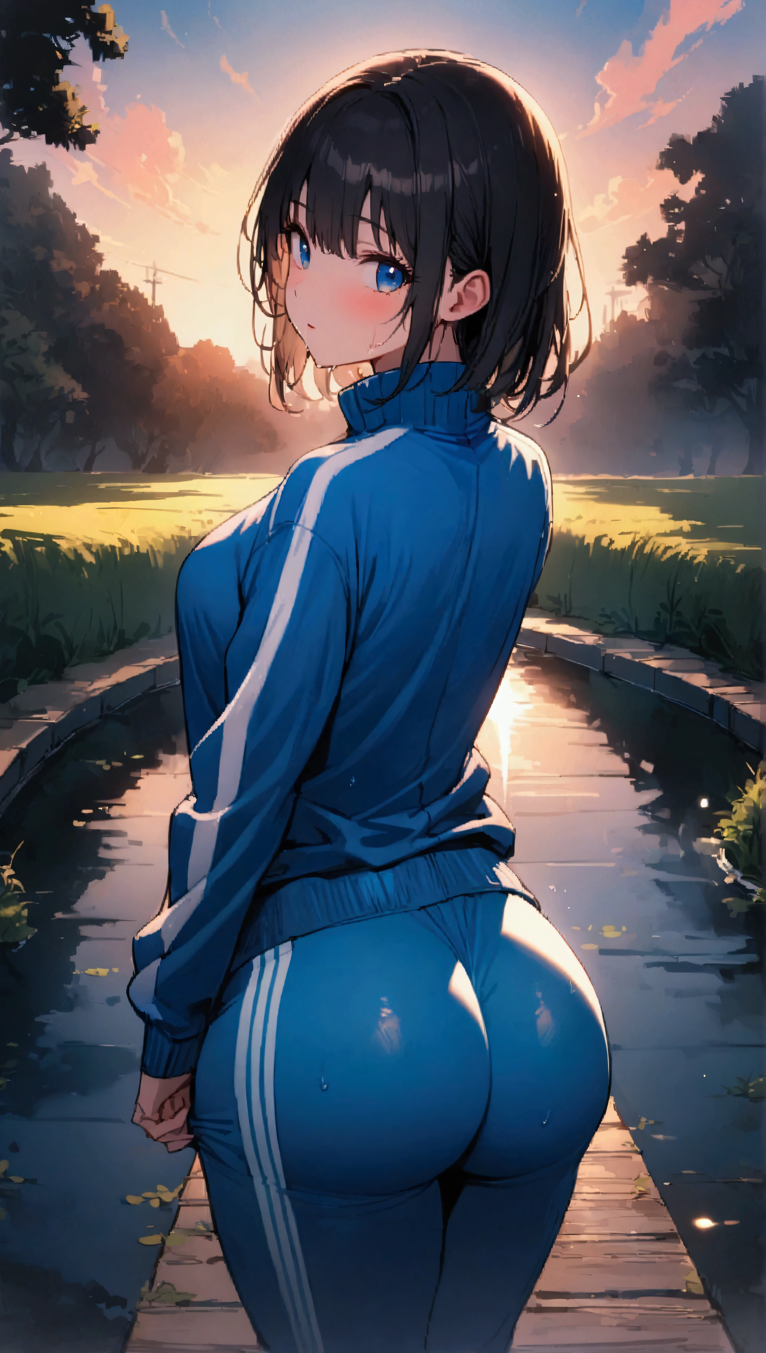 highres, masterpiece,(vived colors,colorful) detailed, (line art:1.1) full body, feet out of frame, cowboy shot, (from below:1.2) , (looking down) , closer) (pov crotch:1.5) 
1girl,solo, smile, tight pants, (milf:1.1),(very dark skin:1.6) , medium breasts, brown eyes, very long hair (dreadlocks), ponytail, earphones, sleeveless, white visor cap, brown lips, linea alba, cameltoe, (white micro panties) (outdoors, sunlight, day, blue sky, grass, fountain in the background) 
 <lora:epi_noiseoffset2:0.6> <lora:add_detail:1>