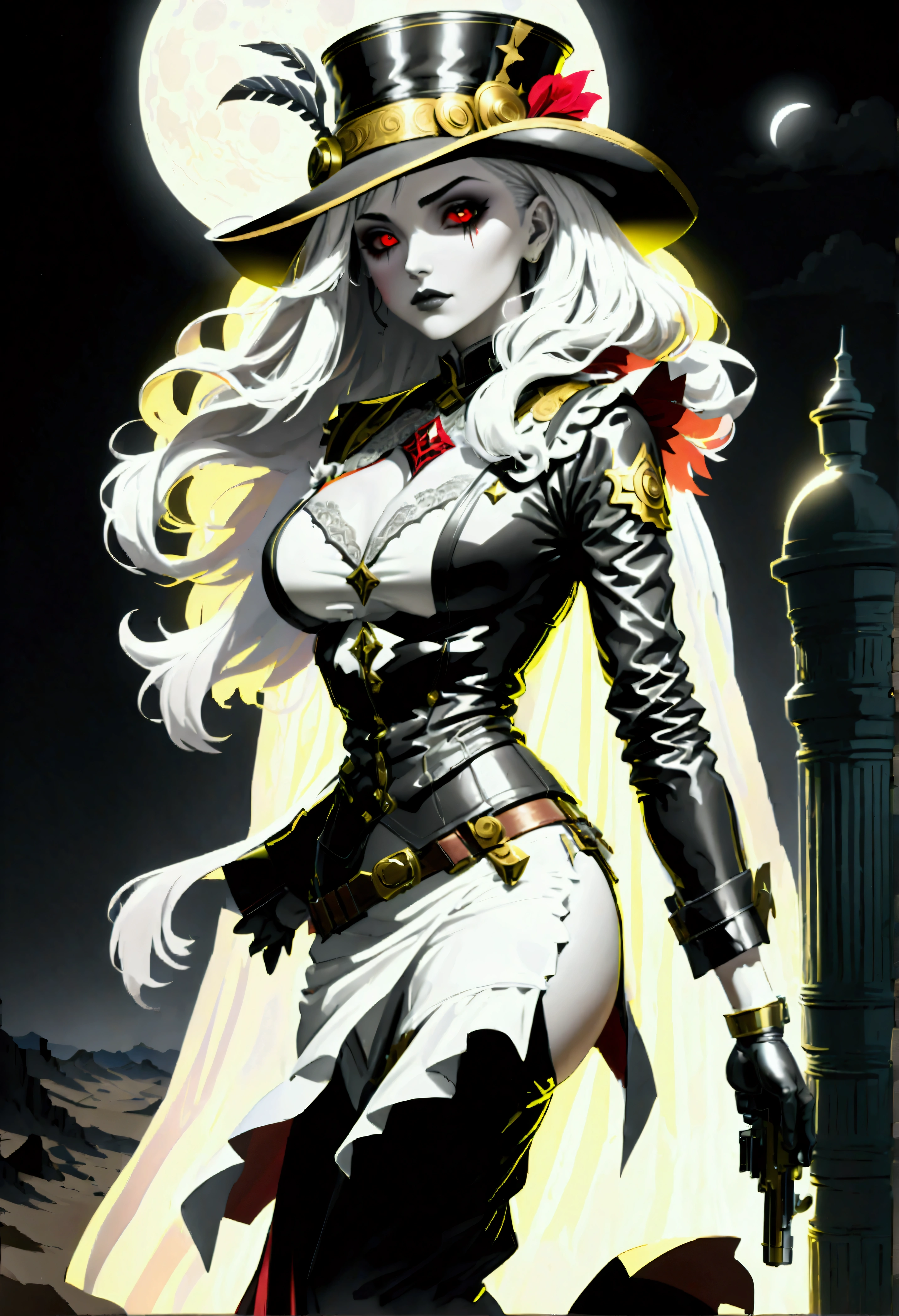 (wild west black and white 19th century photograph style: 1.5) picture of a female vampire cowboy in the desert night, a goth beauty, exquisite beautiful female vampire, ((anatomically correct: 1.5), (ultra detailed face: 1.2), best detailed face, red glowing eyes, full body, busty, wearing white bottom shirt, short skirt, dynamic color. wearing (Gambler Crease hat: 1.2), wearing high heeled boots, wearing open black trench coat, flowing trench coat, (pistol in a holster: 1.1), it is night time in the desert, moon light. moon rays, west America desert canyon background, Hyperrealism style, vibrant, Ultra-high resolution, High Contrast, (masterpiece:1.5), highest quality, Best aesthetics), best details, best quality, highres, ultra wide angle, 16k, [ultra detailed], masterpiece, best quality, (extremely detailed) RAW, chumbasket art style, rpg portrait photograph,