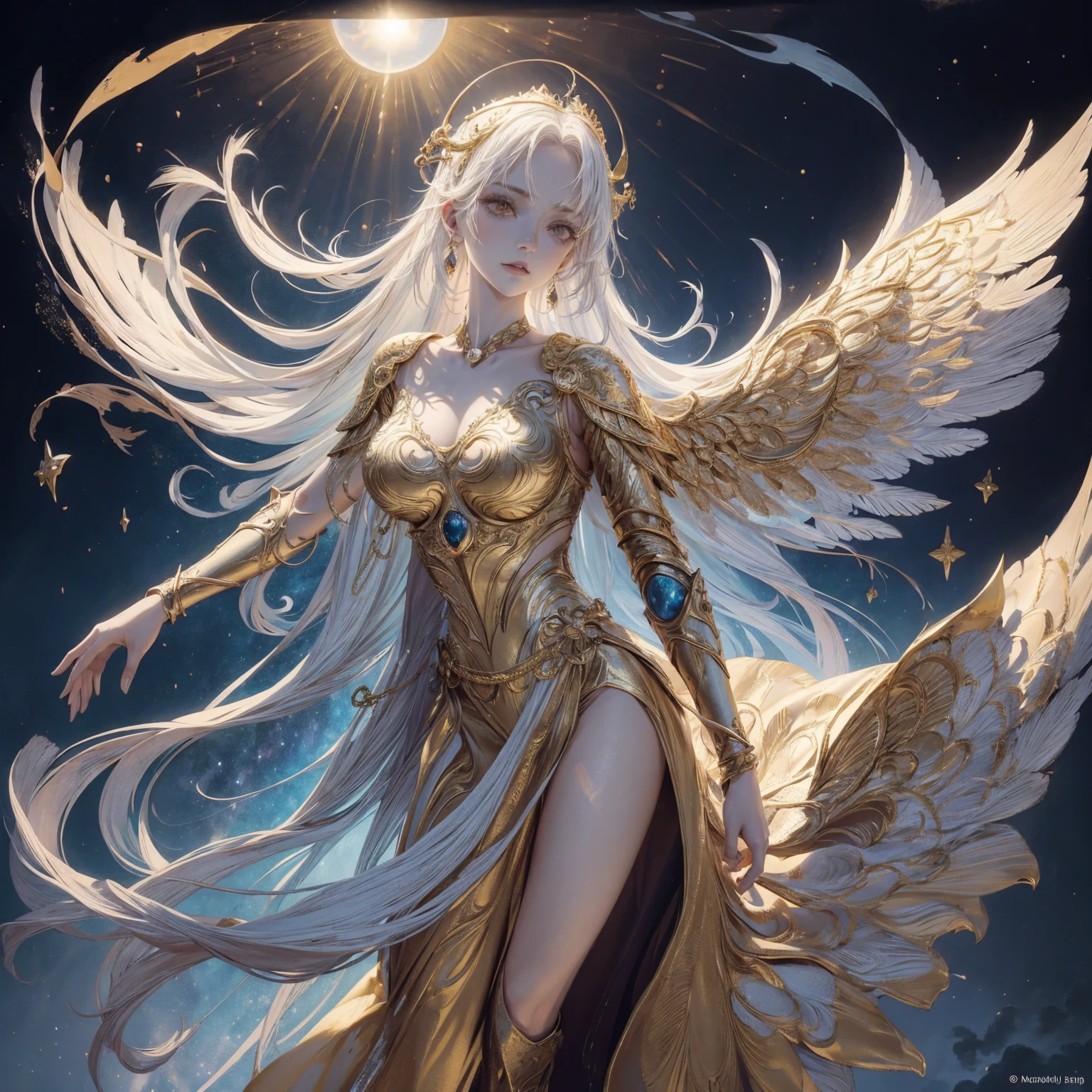 Art of Woman Wearing Sun Crown, Wearing a gorgeous golden metal bra and breastplate that reveals a little skin above the chest, Wearing a gorgeous golden dress with nebula inside, A pair of giant angel wings taller than the body spread out behind the woman., ancient goddess art, Sacredness. Very detailed, Mysterious inspiration, Inspiration from the Sun God, Religious inspiration, A divine background, Cold and snobbish face, Dangerous expressions, White hair, Floating sideways in the void like a goddess, One hand reaches out to the sky while the other hand holds a brilliant orb as bright as the sun., Full body portrait, Gothic art style, Weird art style, Occult art, Halo of angels, contempt eyes, Divine light, Wide-angle lens, Upward Shot