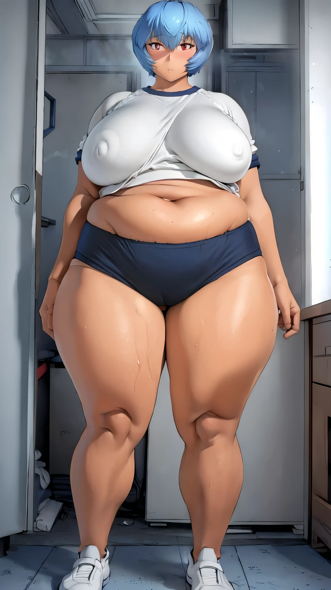 Rei Ayanami,A girl wearing navy blue bloomers((From the front)),Light blue hair,Red eyes,short hair,Blushed,vapor,Sweat,Chubby,Captivating look,Strong-boned body,Wide hips,Her breasts are small,Wearing white gym clothes,female weightlifter,Widebody,Stand with your feet shoulder-width apart