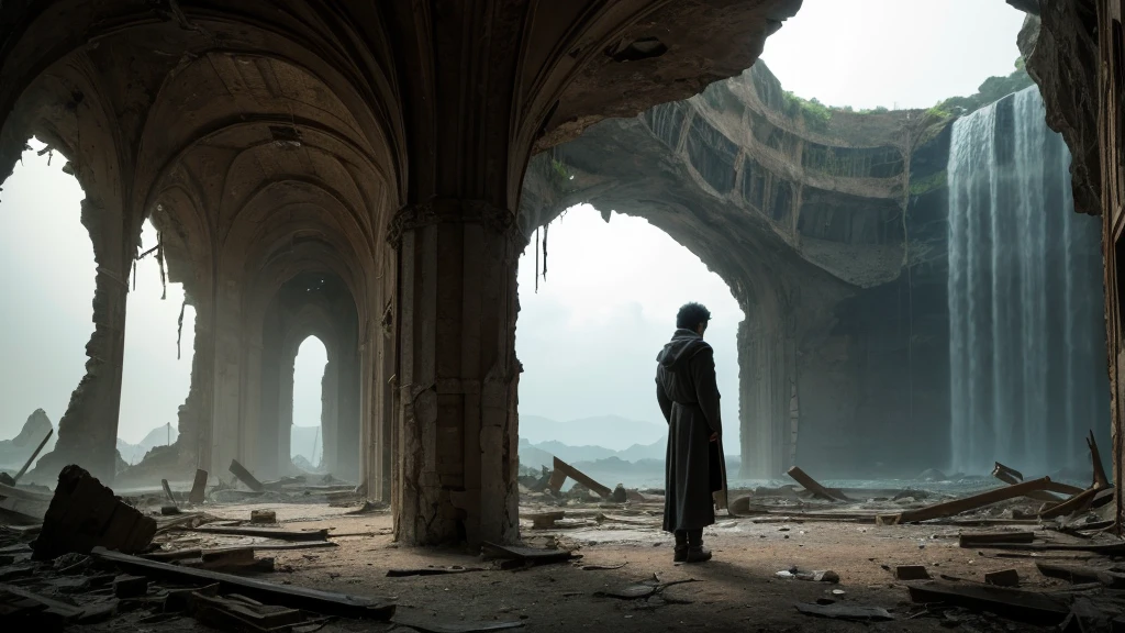 A god standing alone on the cracked and ruined earth々A beautiful woman