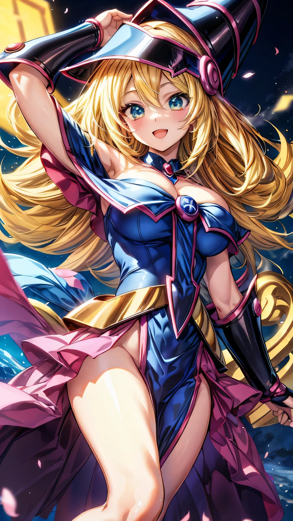 Very detailed、of the highest quality、Better image quality、masterpiece、8k、anime face、a kind smile、open the mouth、blonde hair color、black magician girl