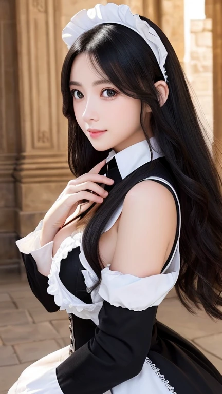 Non-NSFW、Real、Highest quality、Highest quality、masterpiece、Ultra-high resolution、RAW Photos、Real、Bright lighting、Face Light、Smooth Professional Lighting、Looking into the camera、alone、Adult women、Beautiful woman、Super Beauty、Realな肌、Moisturized Skin、Realな目と顔、Perfect model body、Beautiful Eyes、Big eyes、Inconspicuous tear bags、slim、No bra、Beautiful fingers、Very long hair、Jet Black Hair、black eye、looks happy、(Both ears are hidden by hair)、Fantasy World、Medieval Europe、saint、(((Neat and Clean Maid)))、Inside the temple、(black and white outfit:)、Small Ass、(Small breasts:1.1)、(Venus' Nipples:1.1)、Königsreuter, (Black French Maid Uniform:1.7), (white Stockings and Garter Set:1.2), (Headdress),(high heels:1.2), (Short frilly salon apron:1.2)、(Leaning forward:1.2)、(From above:1.5)