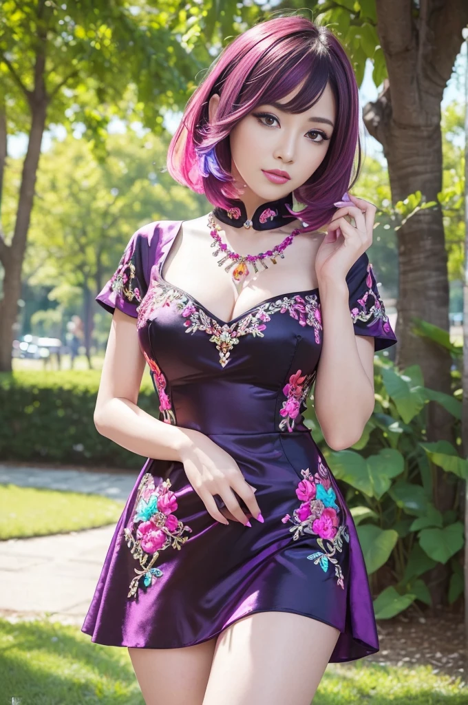 (masterpiece:1.4), (best quality:1.4), ultra high res, ultra high resolution, ((detailed facial features)), HDR, (realistic, photorealistic, photo-realistic:1.37), full body Esbian, sexy Thai model, (-anime), only 1 model, vivid colors, ((vivid colors multicolor (fuchsia, pink, light blue, purple) very short hair)), (seductive smile), lip-gloss, long lashes, defined eyebrows, wearing large sparkling colorful jewelery, wearing a red silk Paradise Kiss cosplay dress with black floral embroidery, ((vivid colors outfit)), vivid colors, look at the camera, cinematic light, large park background with trees, sweet and sexy pose