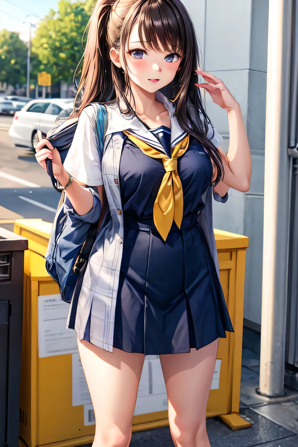 a school girl wearing slutty school uniform, naked , nsfw, in public,