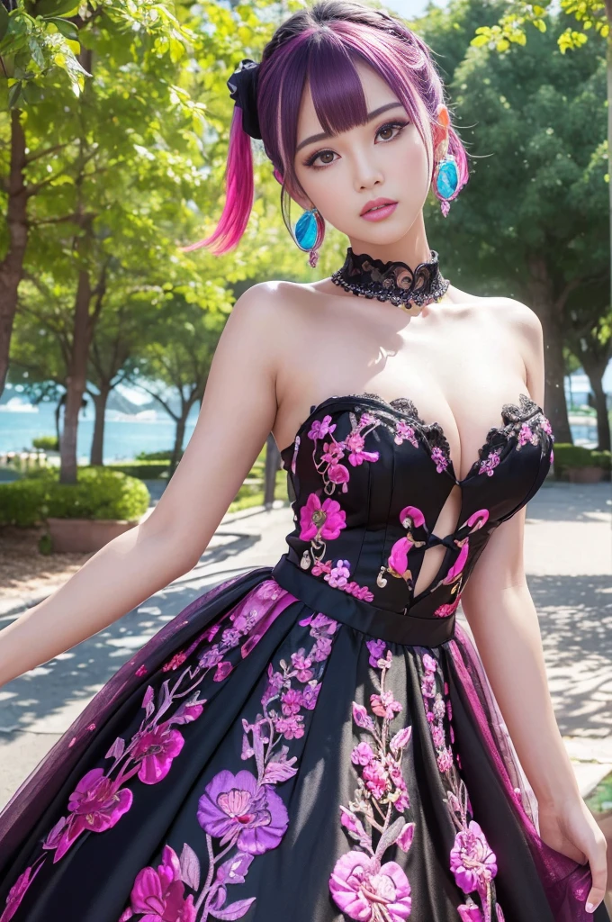(masterpiece:1.4), (best quality:1.4), ultra high res, ultra high resolution, ((detailed facial features)), HDR, (realistic, photorealistic, photo-realistic:1.37), full body Esbian, sexy Thai model, (-anime), only 1 model, vivid colors, ((vivid colors multicolor (fuchsia, pink, light blue, purple) very short hair)), (seductive smile), lip-gloss, long lashes, defined eyebrows, wearing large sparkling colorful jewelery, wearing a red silk Paradise Kiss cosplay dress with black floral embroidery, ((vivid colors outfit)), vivid colors, look at the camera, cinematic light, large park background with trees, sweet and sexy pose