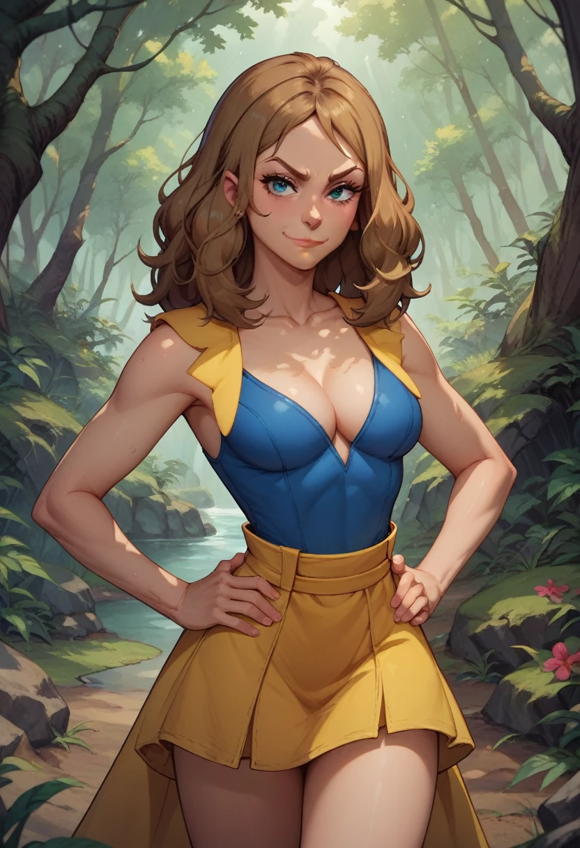 1woman,Serena from pokemon, cleavage, in a rainforest, hands holding own hips, seductive smirk, medium breasts, storm from x-men costume