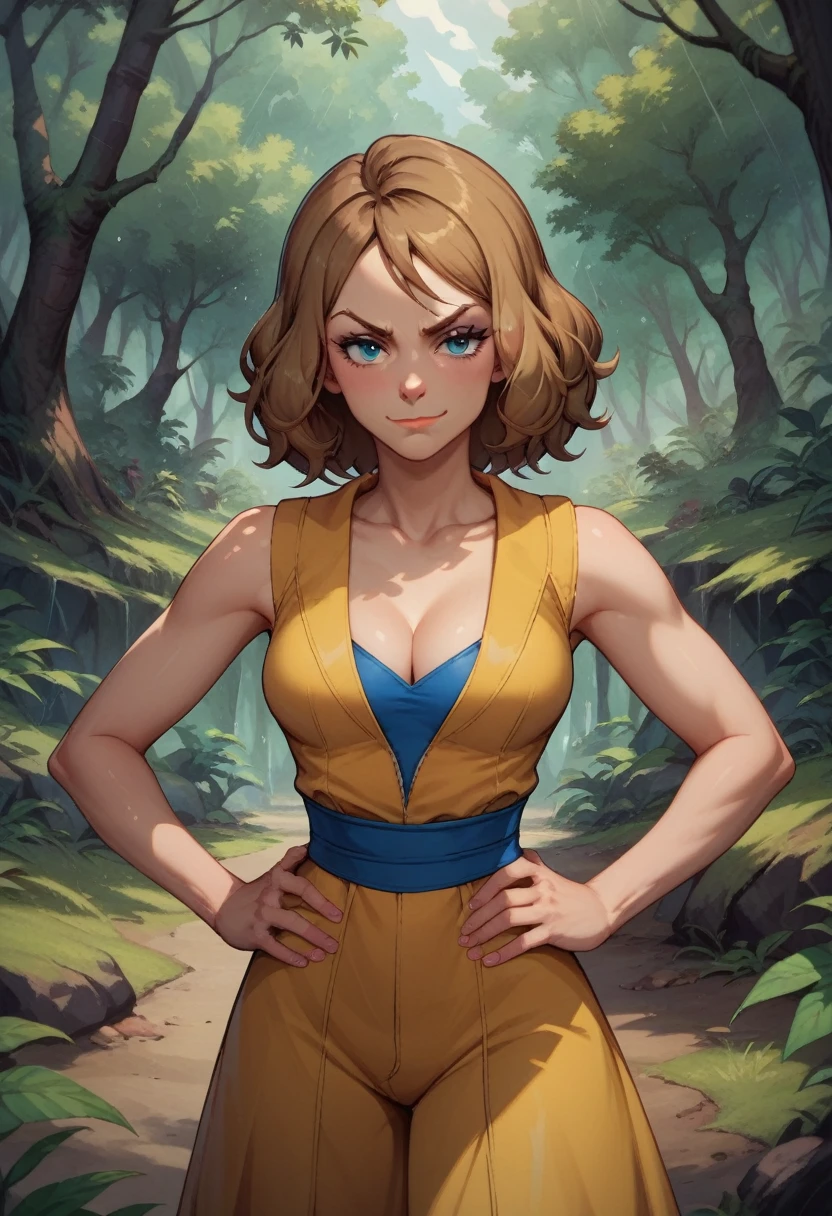 1woman,Serena from pokemon, cleavage, in a rainforest, hands holding own hips, seductive smirk, medium breasts, storm from x-men costume